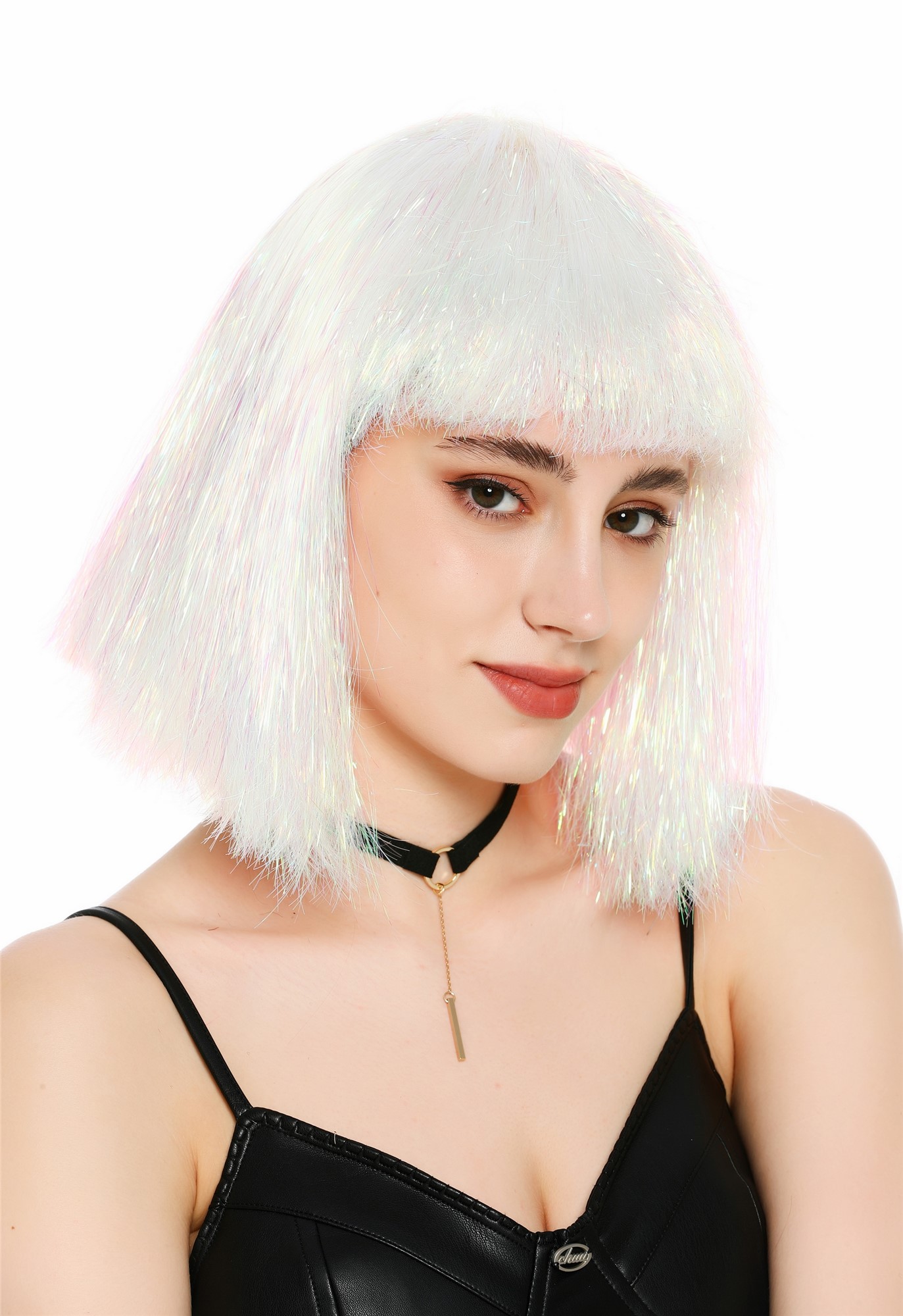 Perücke Damen Glitzer Lametta Tinsel Look Longbob Pony Disco Glam Weiß Rosa VK-42-TN13