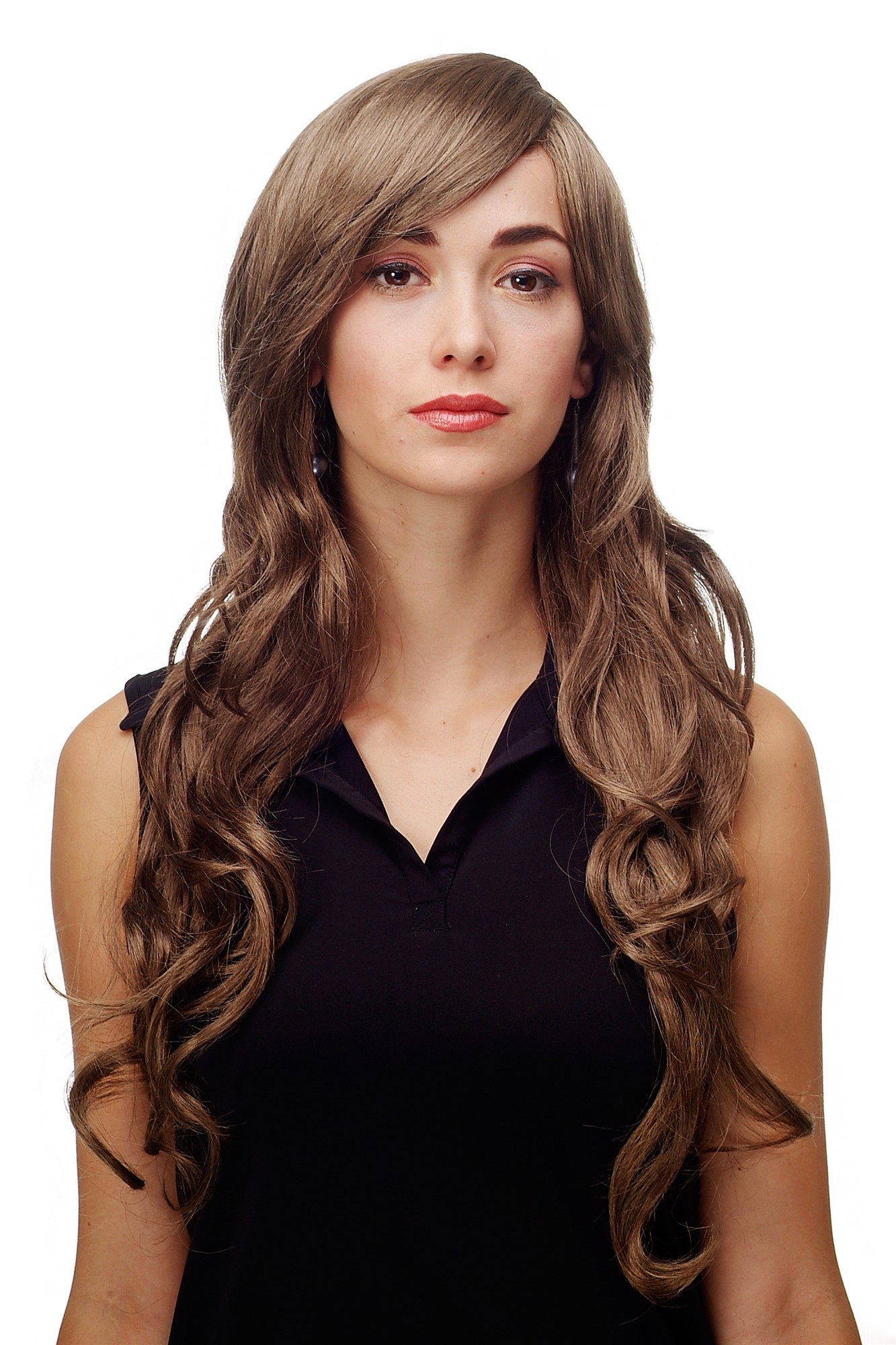 Stunning Lady  Wig very long wavy long fringe (for side parting) light goldbrown gold brown, front view, WIG ME UP: Your Perücken Online Shop Quality Wigs, Ladies, dark golden brown, curled, long