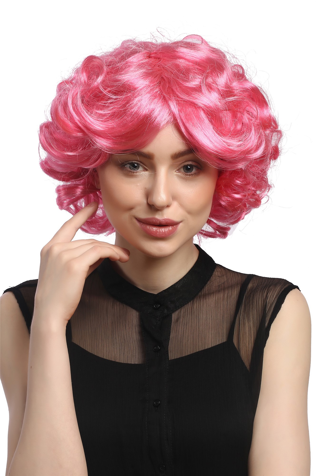DEC31-PC28/41 Lady Party Wig Halloween Cosplay short voluminous curly curls pink 80s Pop Star Diva, front view, WIG ME UP: Your Perücken Online Shop Party Wig, Ladies, Pink, curled, short