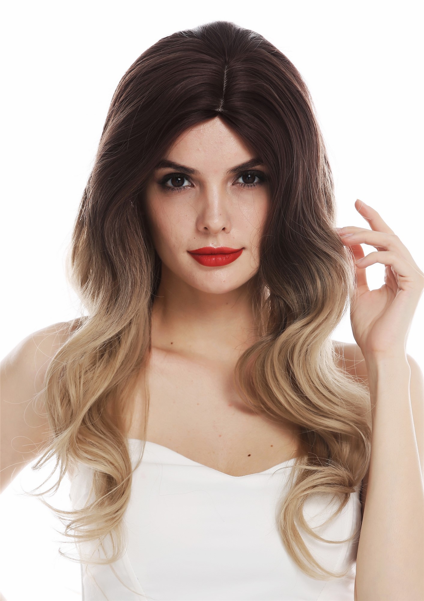 hochwertige Qualitätsperücken, Perücke Kopfhautimitat lang wellig Scheitel Ombre Braun Blond TYS-1208-6TT85, Vorderansicht, WIG ME UP: Ihr Perücken Online Shop wellige Tressen-Perücke mit Kopfhaut-Imitat Braun-Blond-Mix lange Haare für Damen