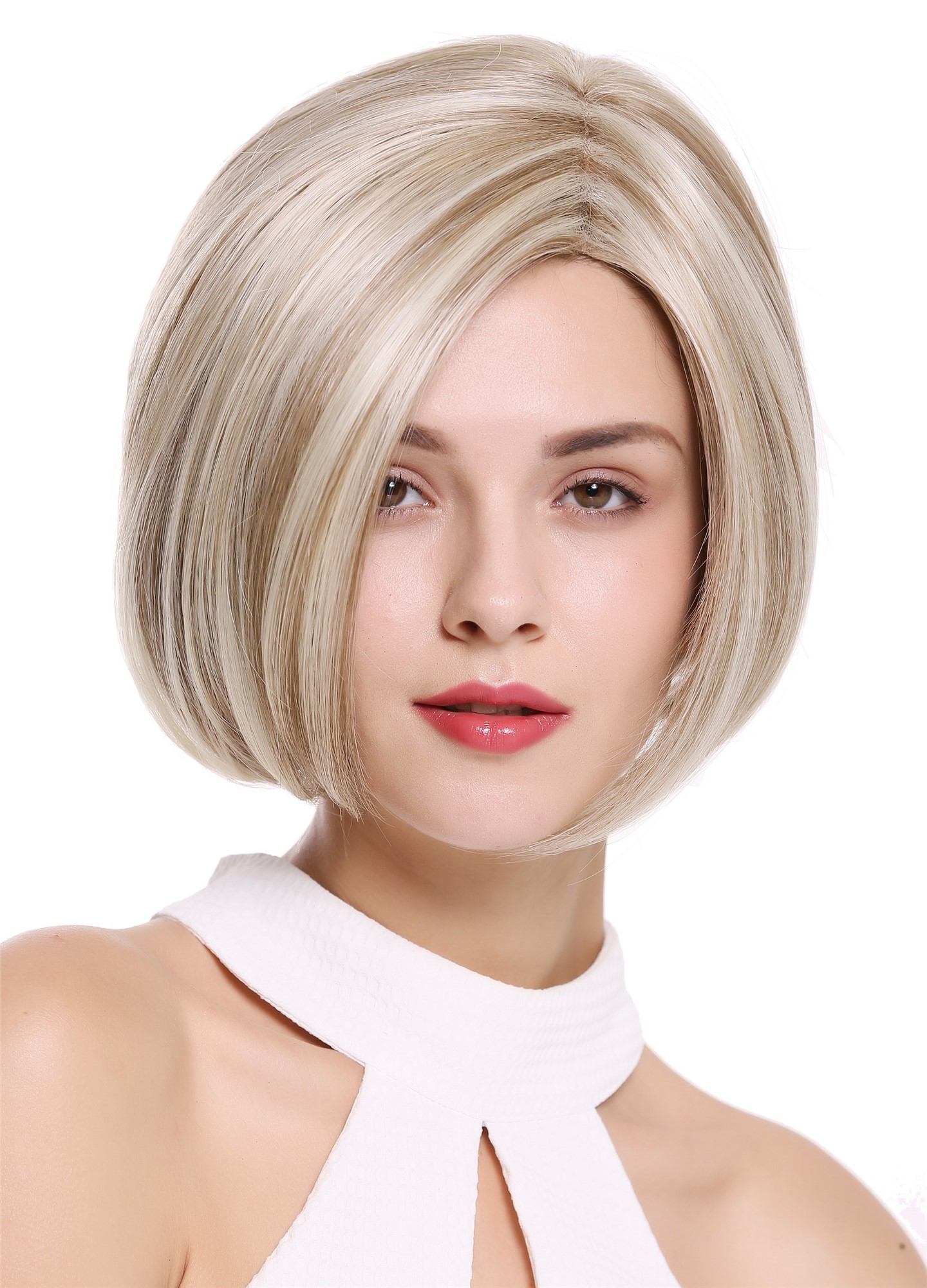 glatte Tressen-Perücke mit Teil-Mono Oberkopf, Front-Lace und als Befestigung mit Klebeflächen Aschblond-Platinblond-Mix kurze Haare für Unisex