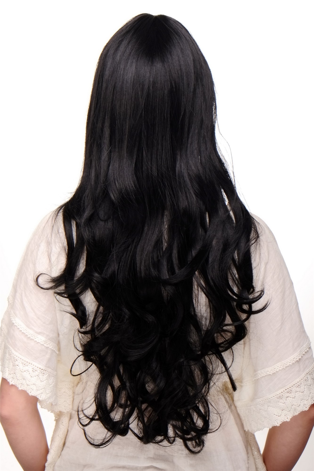 hochwertige Qualitätsperücken, Damen Perücke lange glatte Haare & wellige Spitzen Pony schwarz 3116-1B, Ansicht 4, WIG ME UP: Ihr Perücken Online Shop wellige Tressen-Perücke mit Kopfhaut-Imitat Samtschwarz lange Haare für Damen