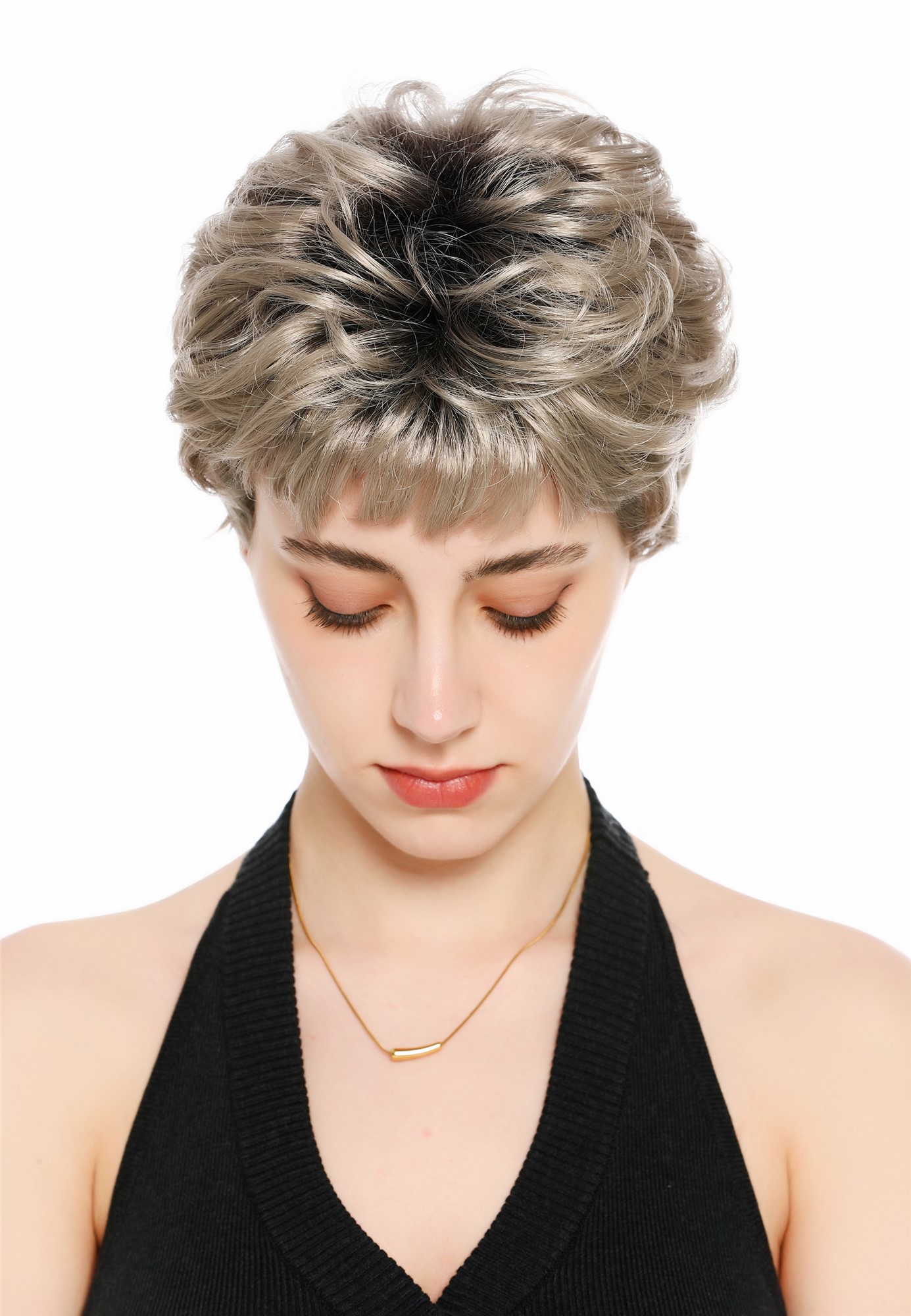 Perücke Damen Herren Frauen kurz androgyn burschikos wellig braun aschblond VK-60-F101YS4