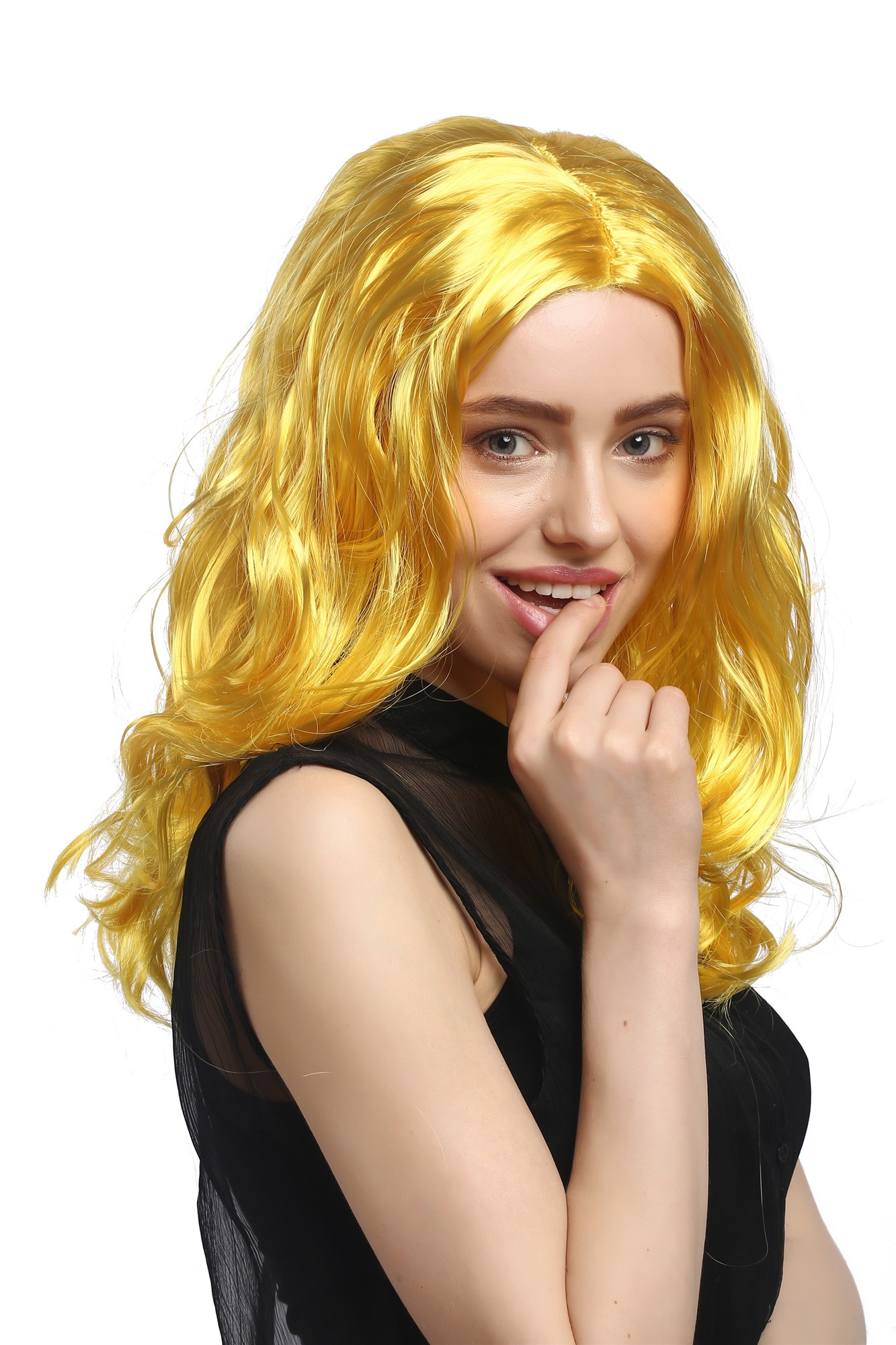 Lady Party Wig Halloween Fancy Dress long very voluminous curly curls middle-parting yellow 20", view 3, WIG ME UP: Your Perücken Online Shop Party Wig, Ladies, neon yellow, curled, long
