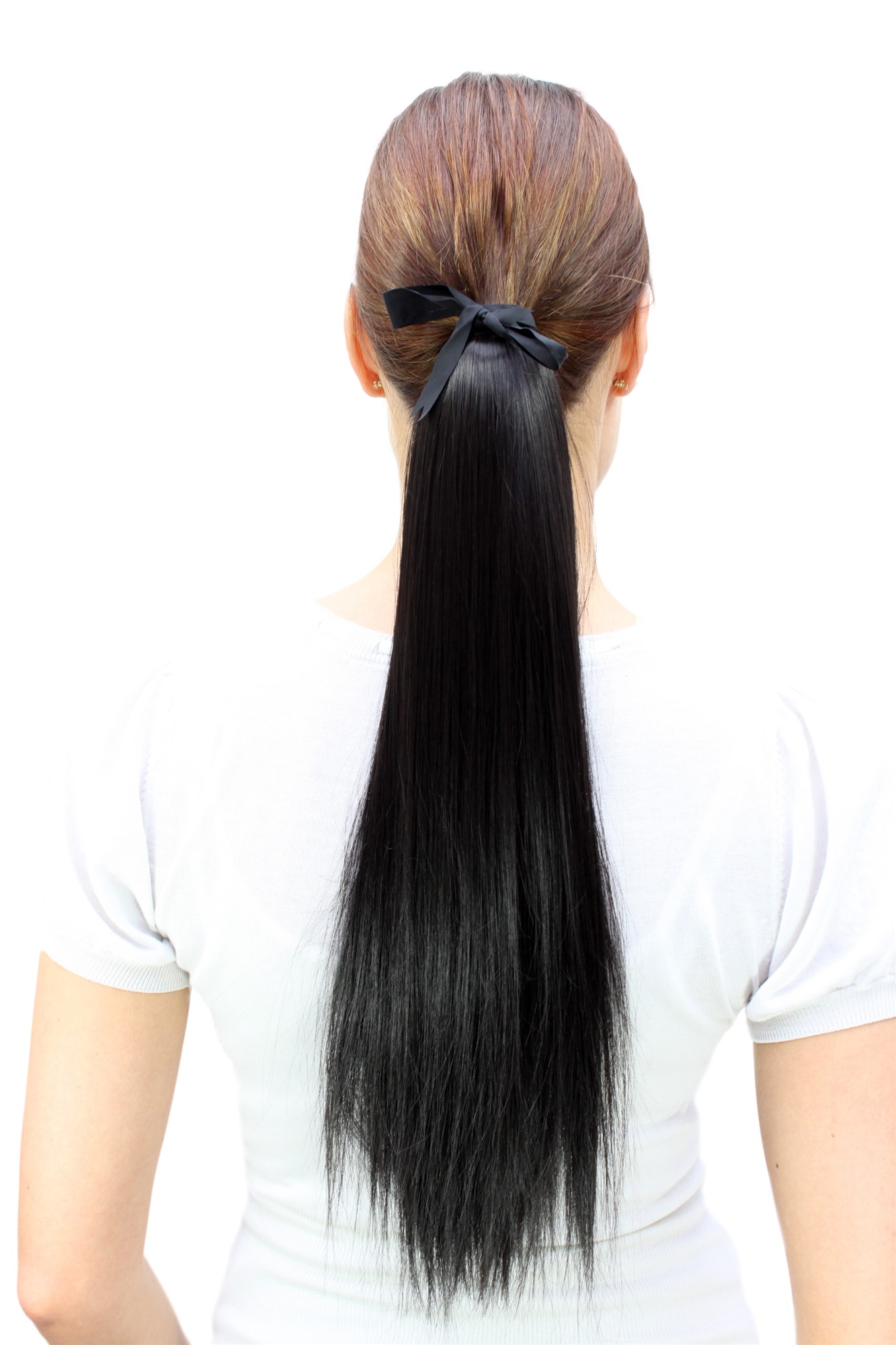 hochwertiger Zopf schwarz Bändchen + Klammer glatt fallendes Haar C9428-2, Vorderansicht, WIG ME UP: Ihr Perücken Online Shop glattes Zopf-Haarteil Schwarzbraun 50 cm lang