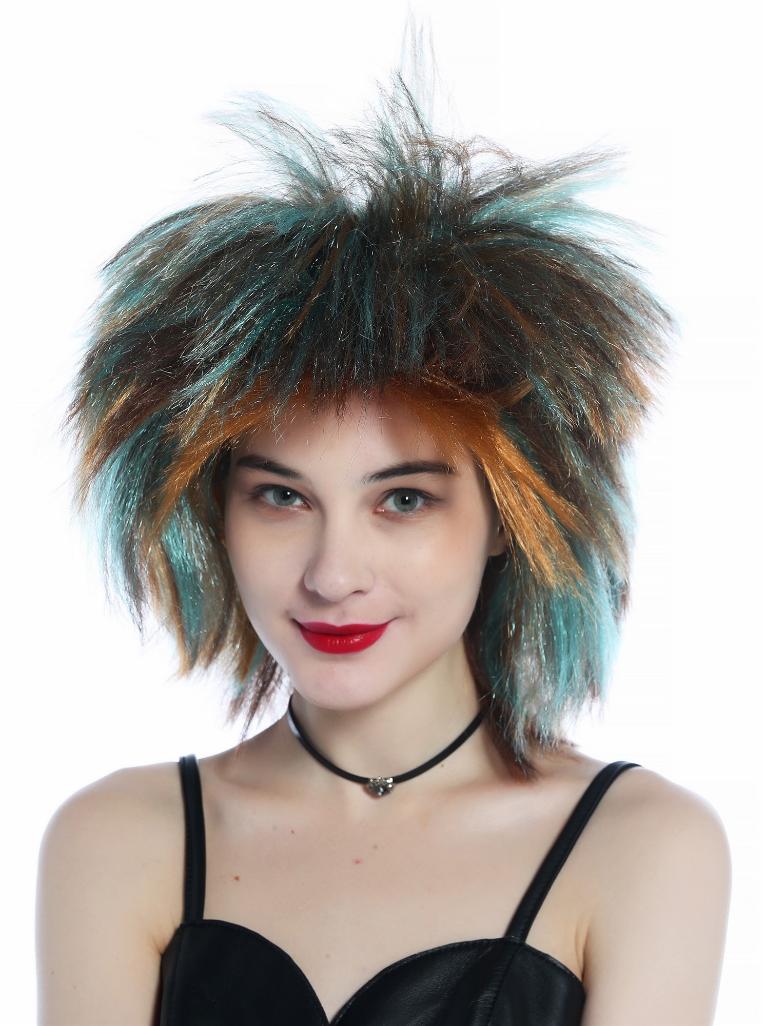 günstige Party Perücke, Perücke Punk Wave Braun bunte Strähnen hoch toupiert 80s 210165-FR36-4-98, Vorderansicht, WIG ME UP: Ihr Perücken Online Shop glatte Party Perücke Kupfer, Kastanie, Türkis bunt gesträhnt schulterlange Haare Unisex