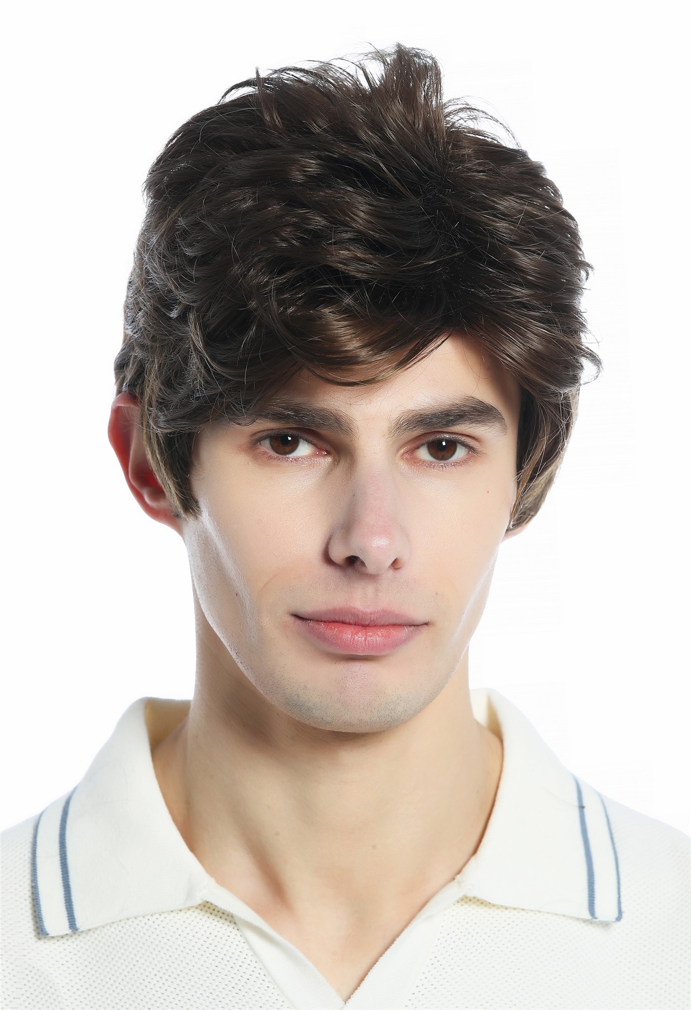 hochwertige Qualitätsperücken, Perücke kurz gescheitelt wellig Mittelbraun Braun DW94A-10, Vorderansicht, WIG ME UP: Ihr Perücken Online Shop wellige Tressen-Perücke Mittelbraun kurze Haare für Unisex