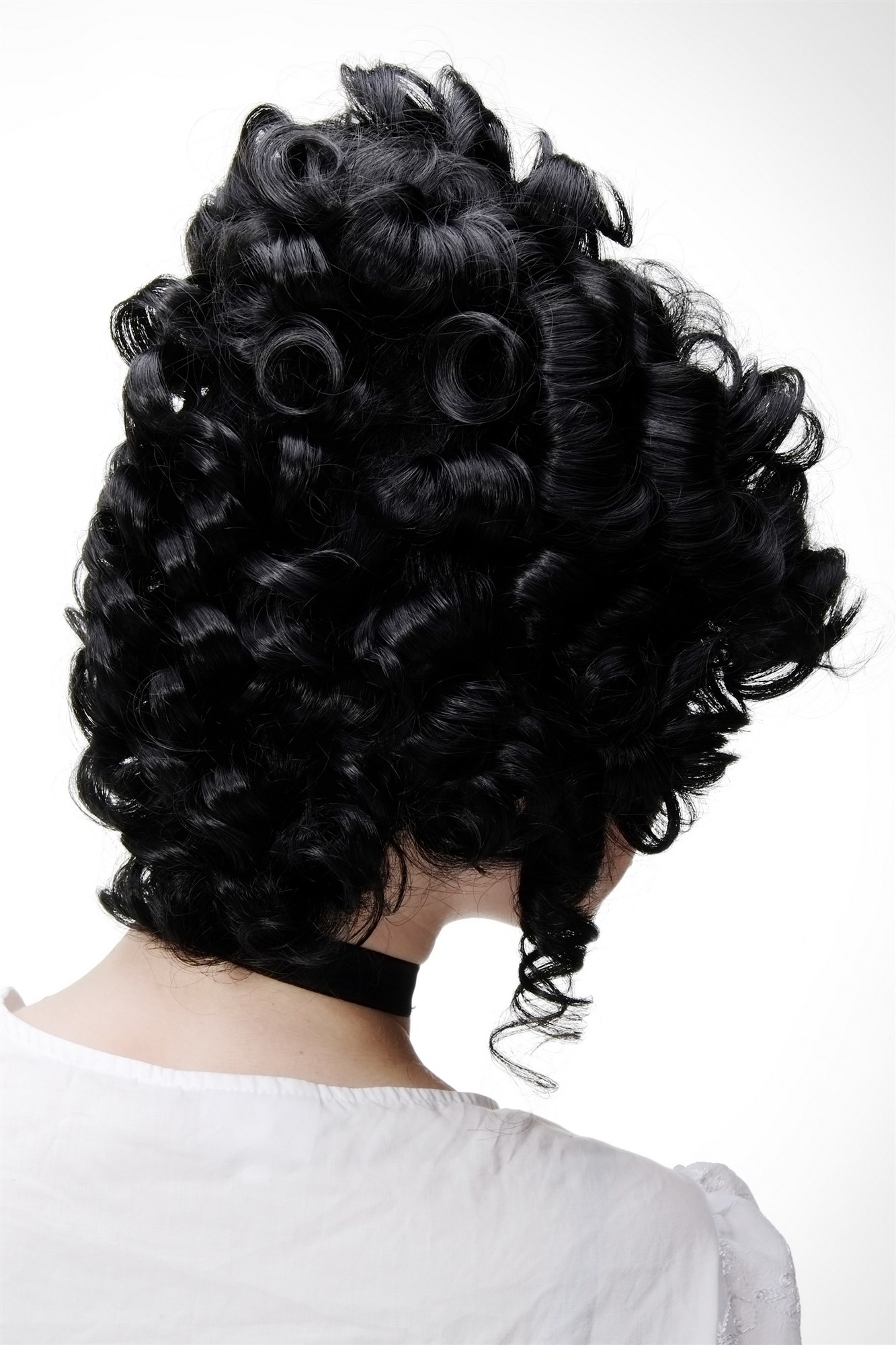 hochwertige Qualitätsperücken, Perücke Rokoko Barock Adlige turmhoch Schwarz GFW1675-1B, Ansicht 4, WIG ME UP: Ihr Perücken Online Shop lockige Tressen-Perücke Samtschwarz kurze Haare für Damen