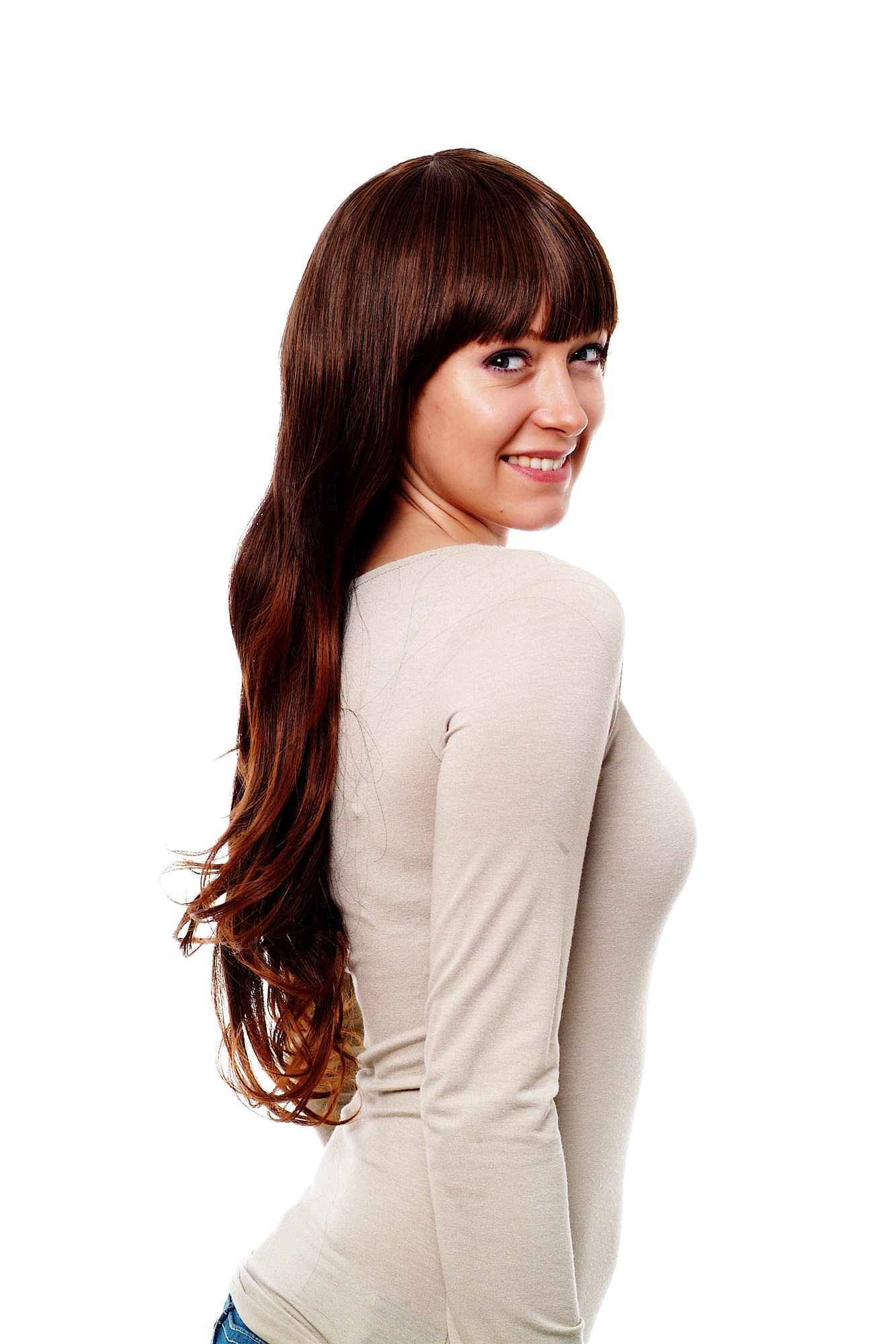 hochwertige Qualitätsperücken, Glatte brünette Perücke gerader Pony H9101-2T30, Ansicht 2, WIG ME UP: Ihr Perücken Online Shop glatte Tressen-Perücke mit Kopfhaut-Imitat Braun lange Haare für Damen