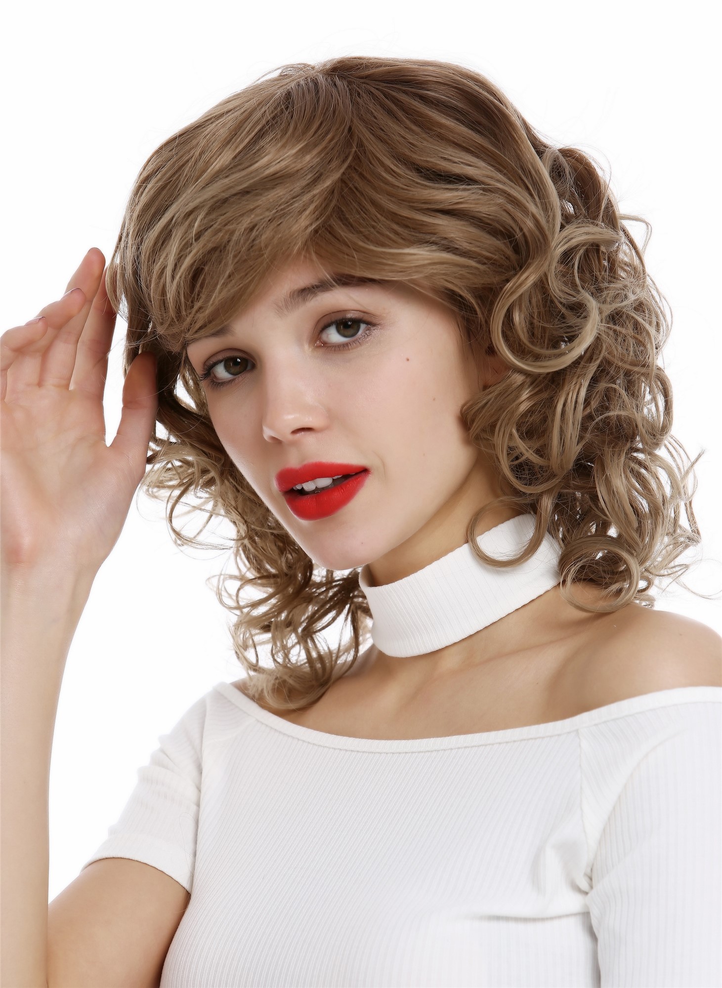 hochwertige Qualitätsperücken, Perücke schulterlang Locken lockig Braun Blond gesträhnt ETW-7155AHT-12T16, Ansicht 2, WIG ME UP: Ihr Perücken Online Shop lockige Tressen-Perücke Hellbraun schulterlange Haare für Damen