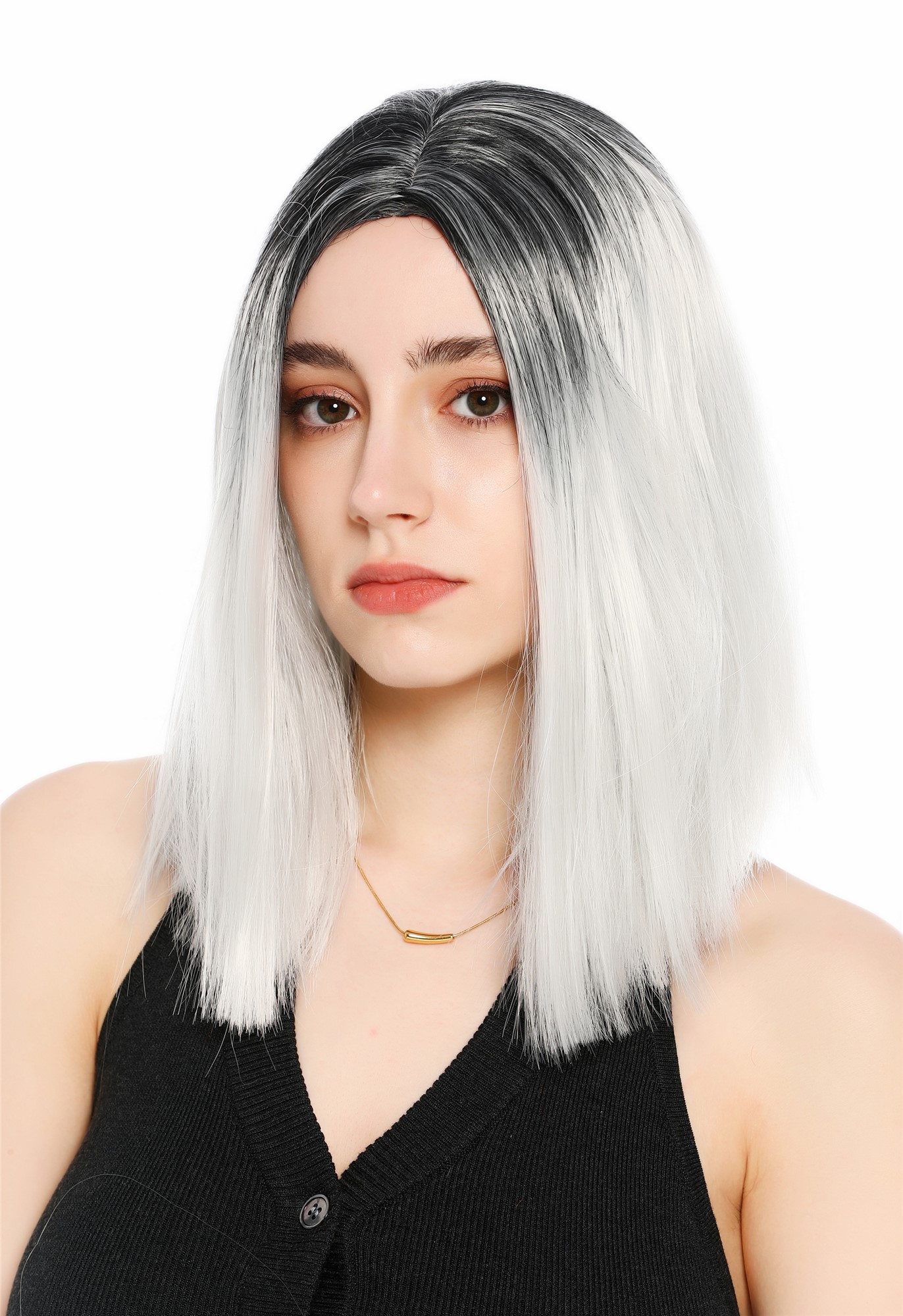Perücke Damen Mittelscheitel schulterlang glatt Ombre Schwarz Hellgrau GFW4029S-silvergray+1B