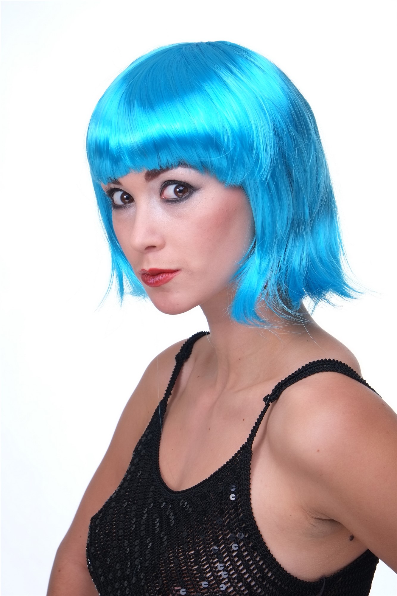Party Halloween Disco lady women wig Bob fringe bangs short light blu PW0114, view 3, WIG ME UP: Your Perücken Online Shop Party Wig, Ladies, light blue, straight, short