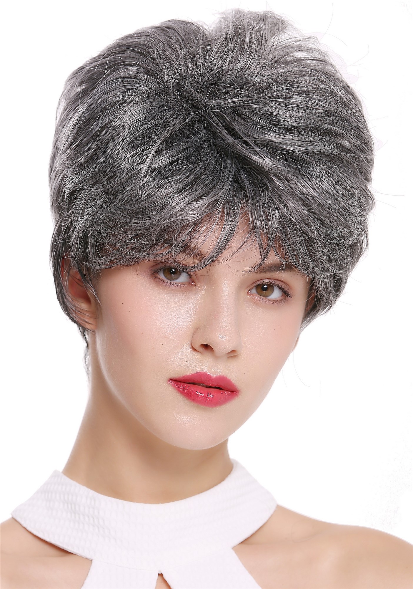 hochwertige Qualitätsperücken, Perücke kurz voluminös dunkles Grau meliert DW2461-DF1202, Ansicht 2, WIG ME UP: Ihr Perücken Online Shop glatte Tressen-Perücke Silbergrau-Schwarz kurze Haare für Damen