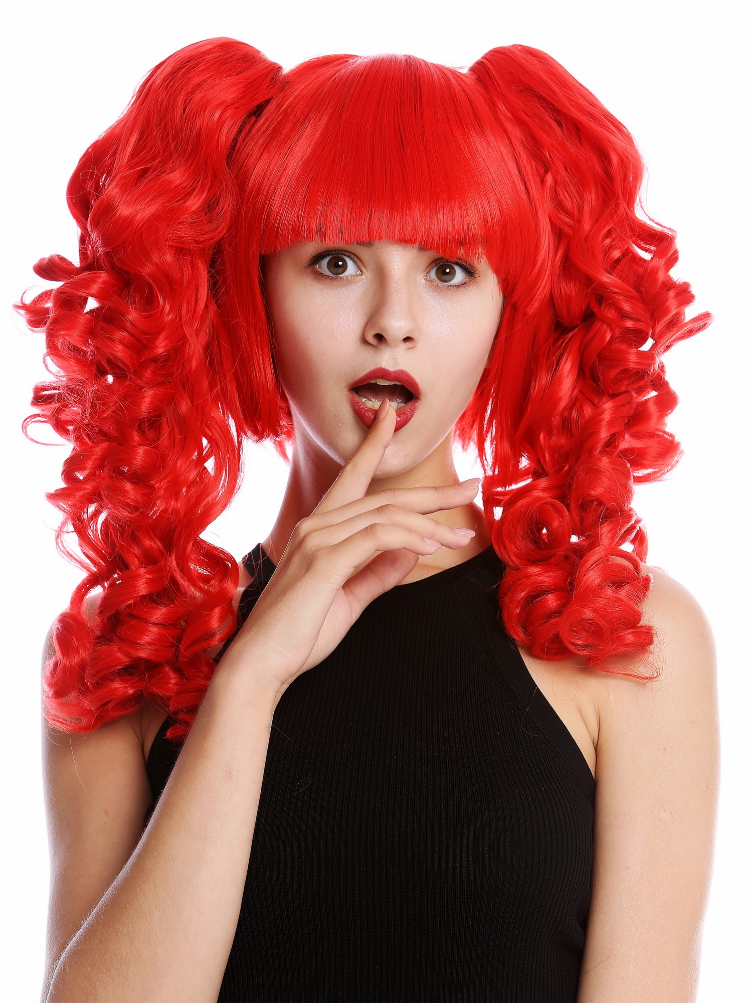 hochwertige Qualitätsperücken, Perücke Cosplay Lang Zöpfe Rot YZF-7080+A-113, Vorderansicht, WIG ME UP: Ihr Perücken Online Shop lockige Tressen-Perücke mit Kopfhaut-Imitat Knallrot schulterlange Haare für Damen