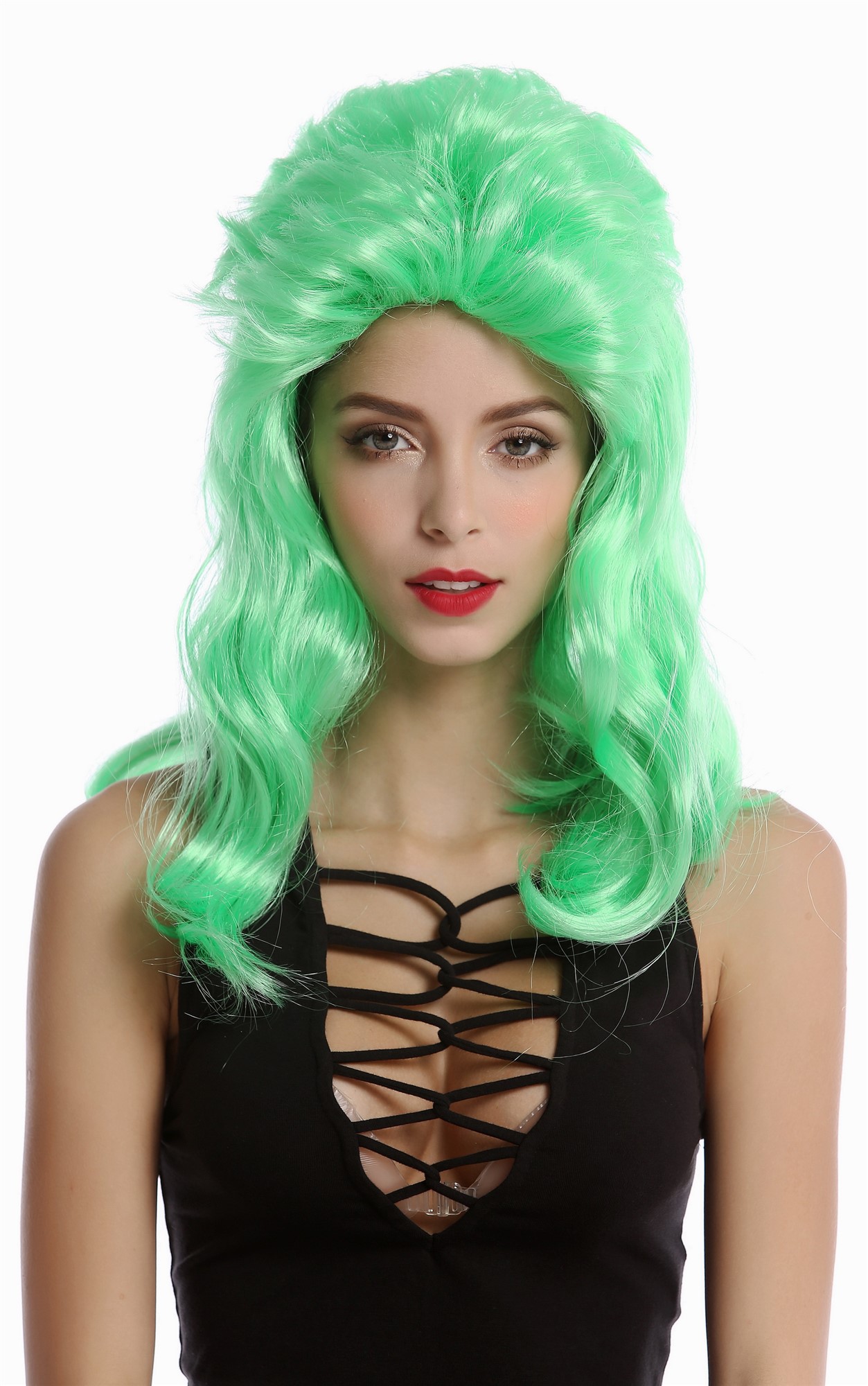 Wig Lady Women Halloween Carnival Cosplay 80s Soap Opera Vamp Diva teased long green quiff, front view, WIG ME UP: Your Perücken Online Shop Party Wig, Ladies, Green, wavy, shoulder-length