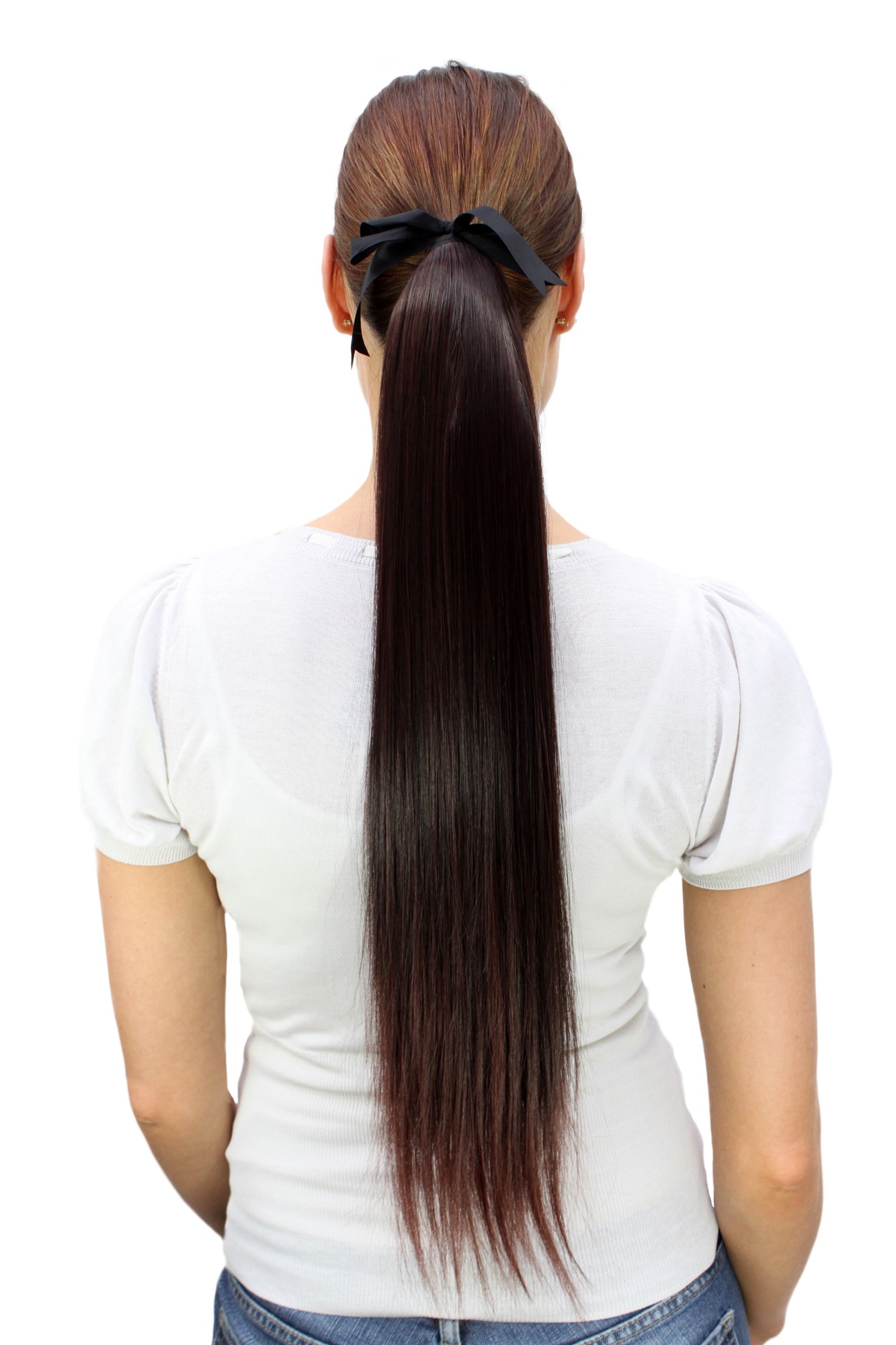 Hairpiece PONYTAIL (comb & ribbon wrap-around system) extension pigtail very long mahogany, front view, WIG ME UP: Your Perücken Online Shop Ponytails, black-brown mix, straight, long