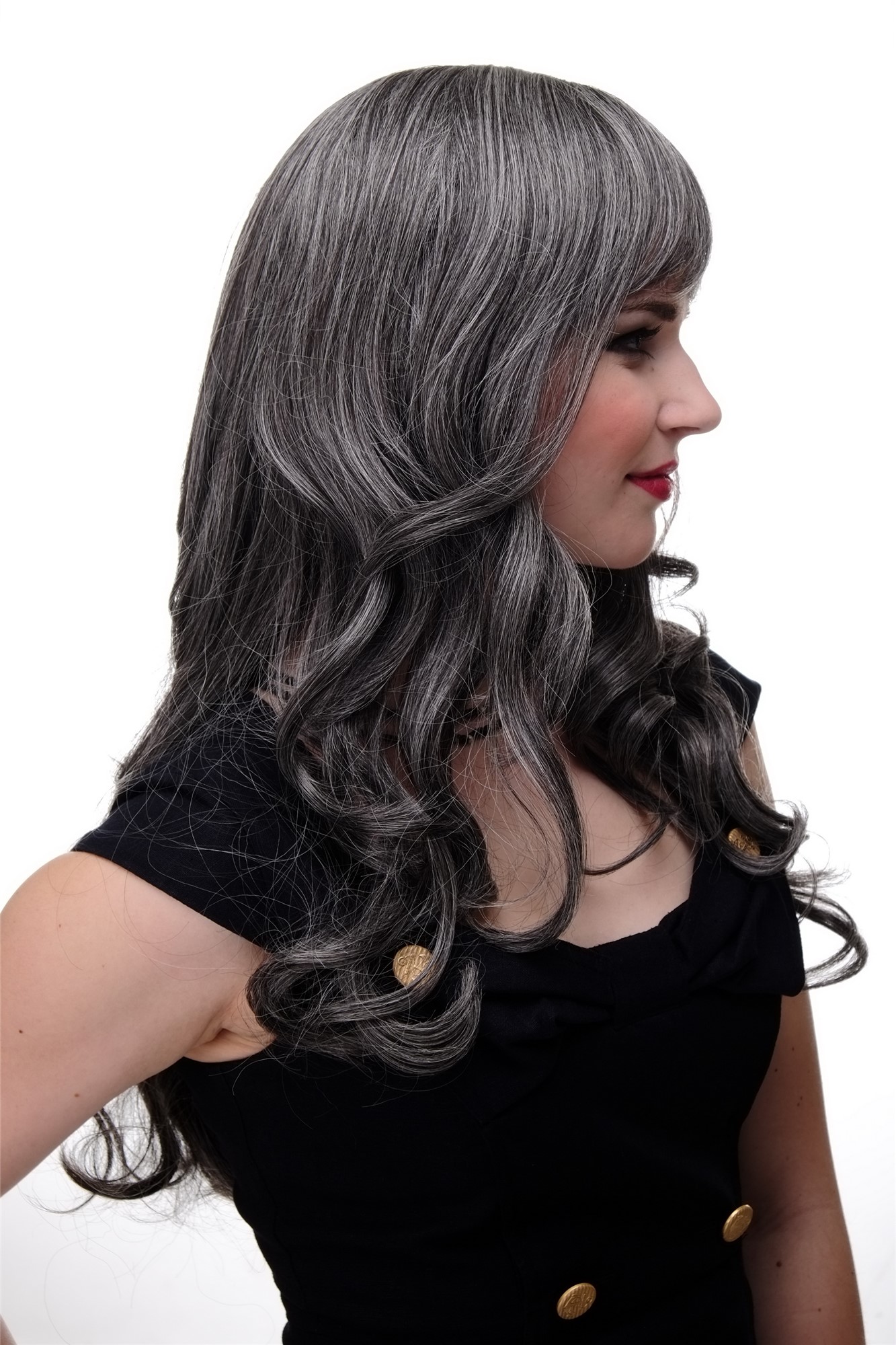 Lady wig very long curling tips straight top fringe bangs dark grey gray 285, view 4, WIG ME UP: Your Perücken Online Shop Quality Wigs, Ladies, dark brown-gray mix, curled, long