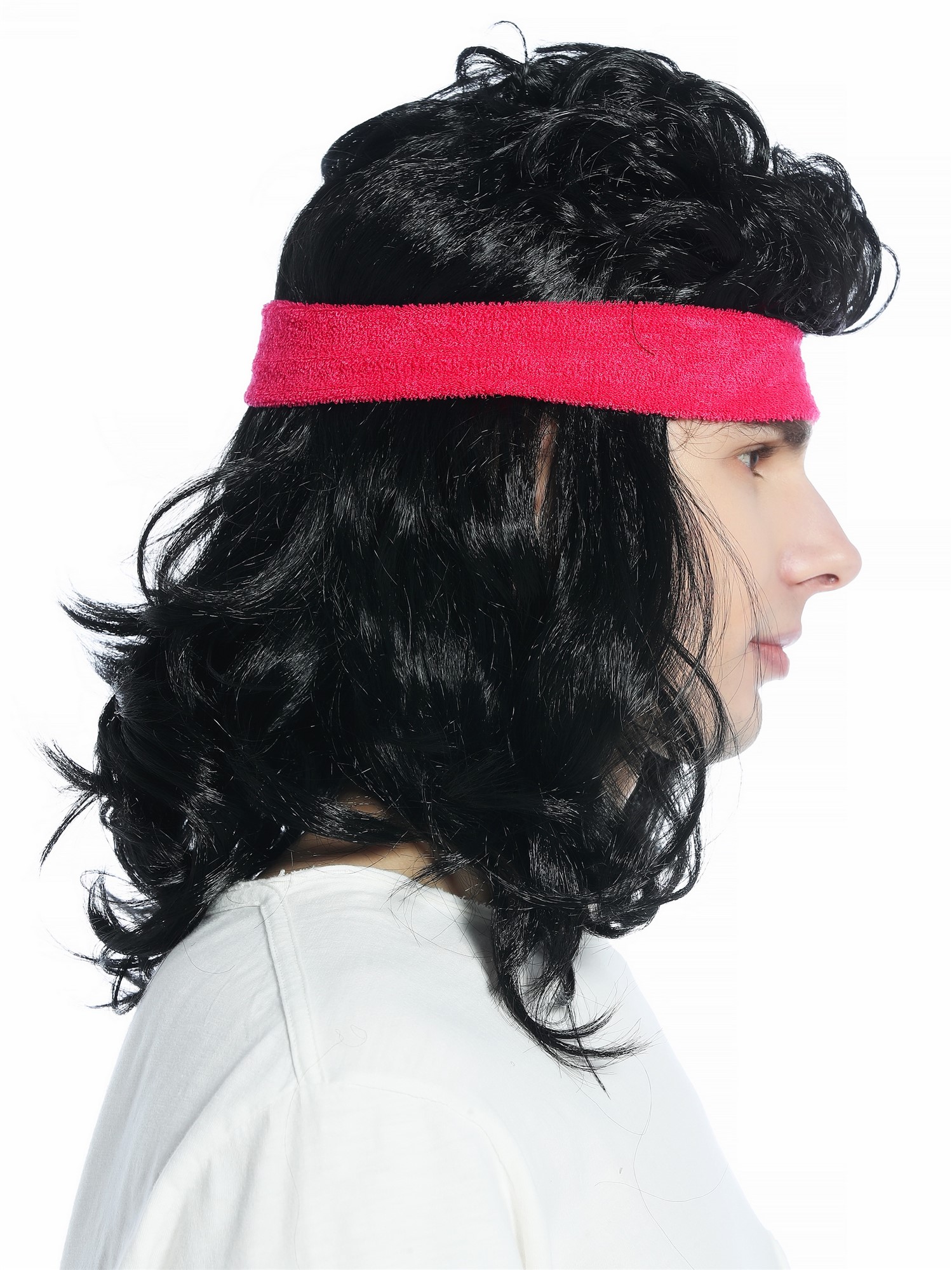 günstige Party Perücke, Perücke Stirnband 80s 80er Vokuhila Action Star Proll schwarz CW-028A-P103, Ansicht 2, WIG ME UP: Ihr Perücken Online Shop wellige Party Perücke Schwarz schulterlange Haare Unisex