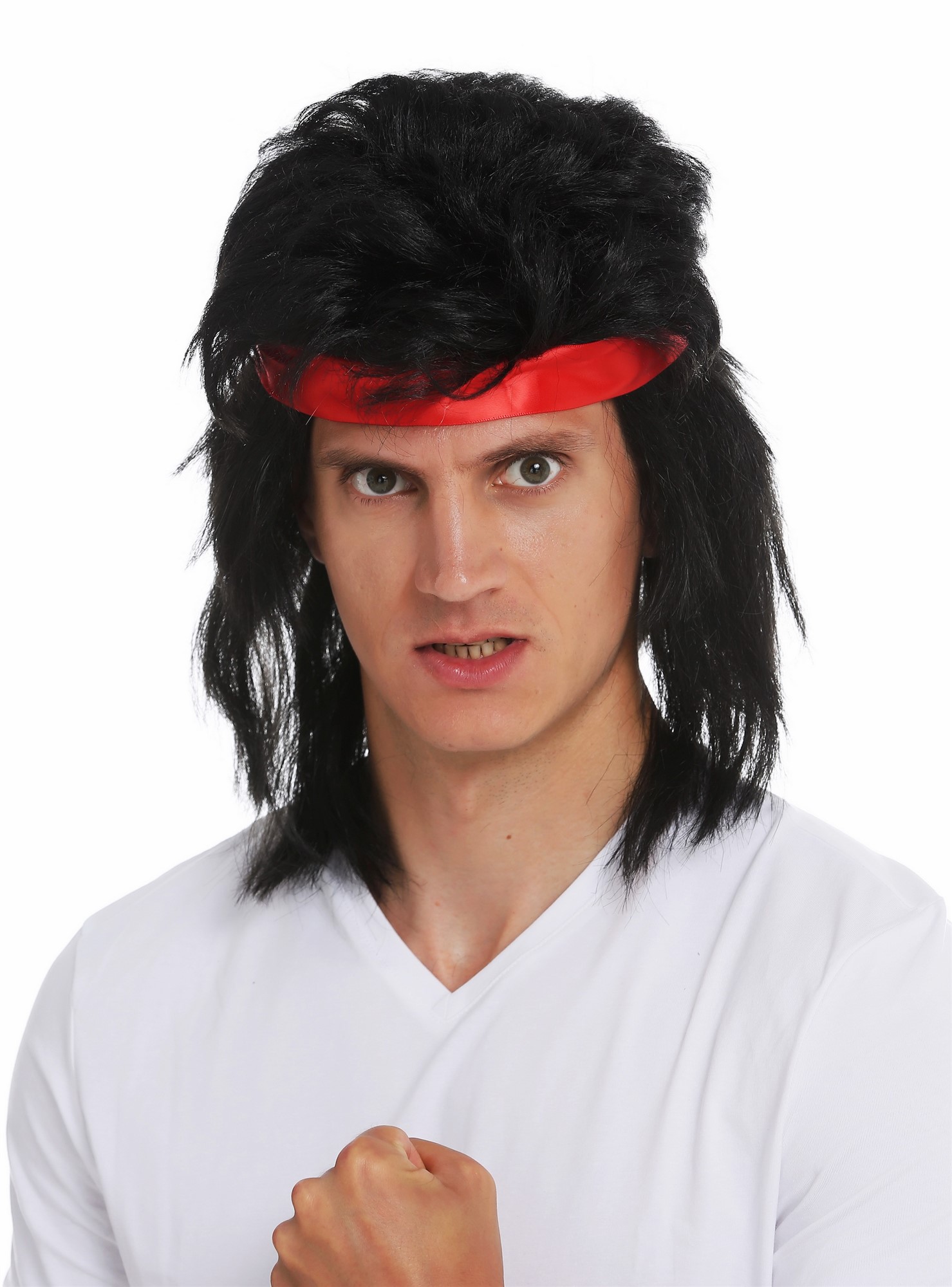 Wig & head band men long black mullet 80's action star fighter Kung Fu SARL001, front view, WIG ME UP: Your Perücken Online Shop Party Wig, Men, pitch black, straight, shoulder-length