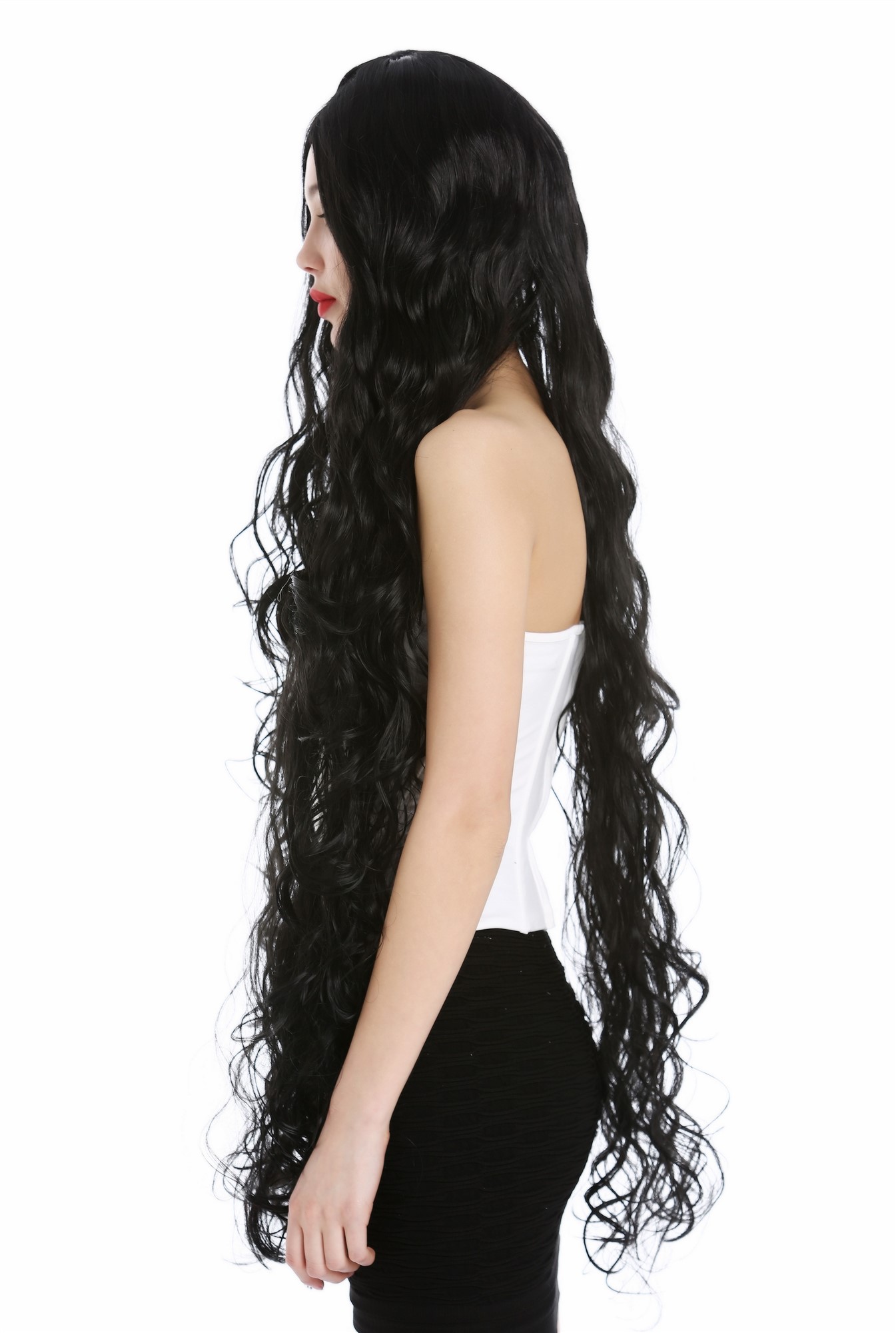 Lady wig extremely long wavy to slightly curled curls middle parting black VK-40, view 3, WIG ME UP: Your Perücken Online Shop Quality Wigs, Ladies, velvet black, wavy, very long