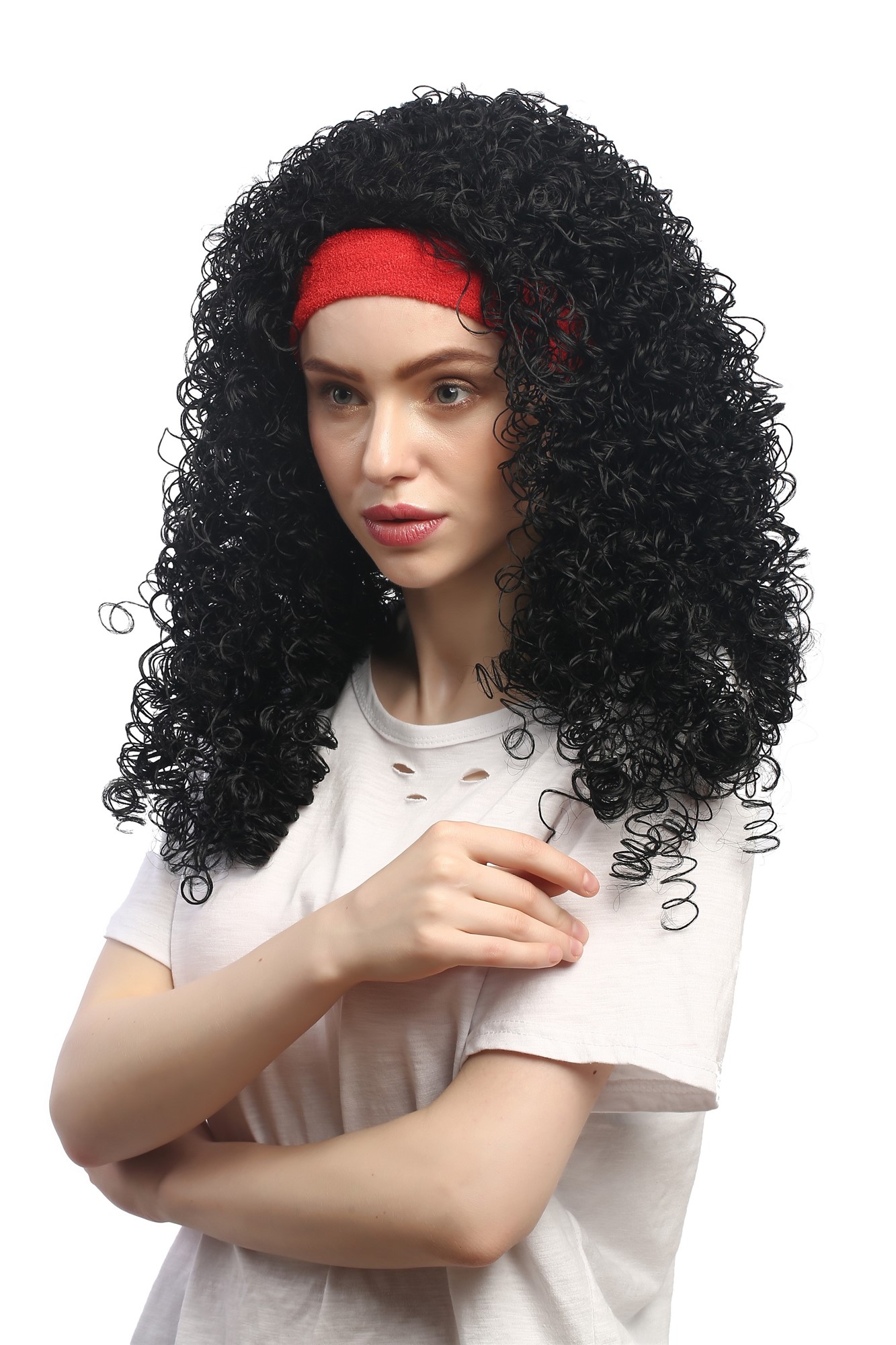 Lady Party Wig Halloween Fancy Dress huge massive volume black curls with headband Latin Caribbean, front view, WIG ME UP: Your Perücken Online Shop Party Wig, Ladies, Black, curled, shoulder-length