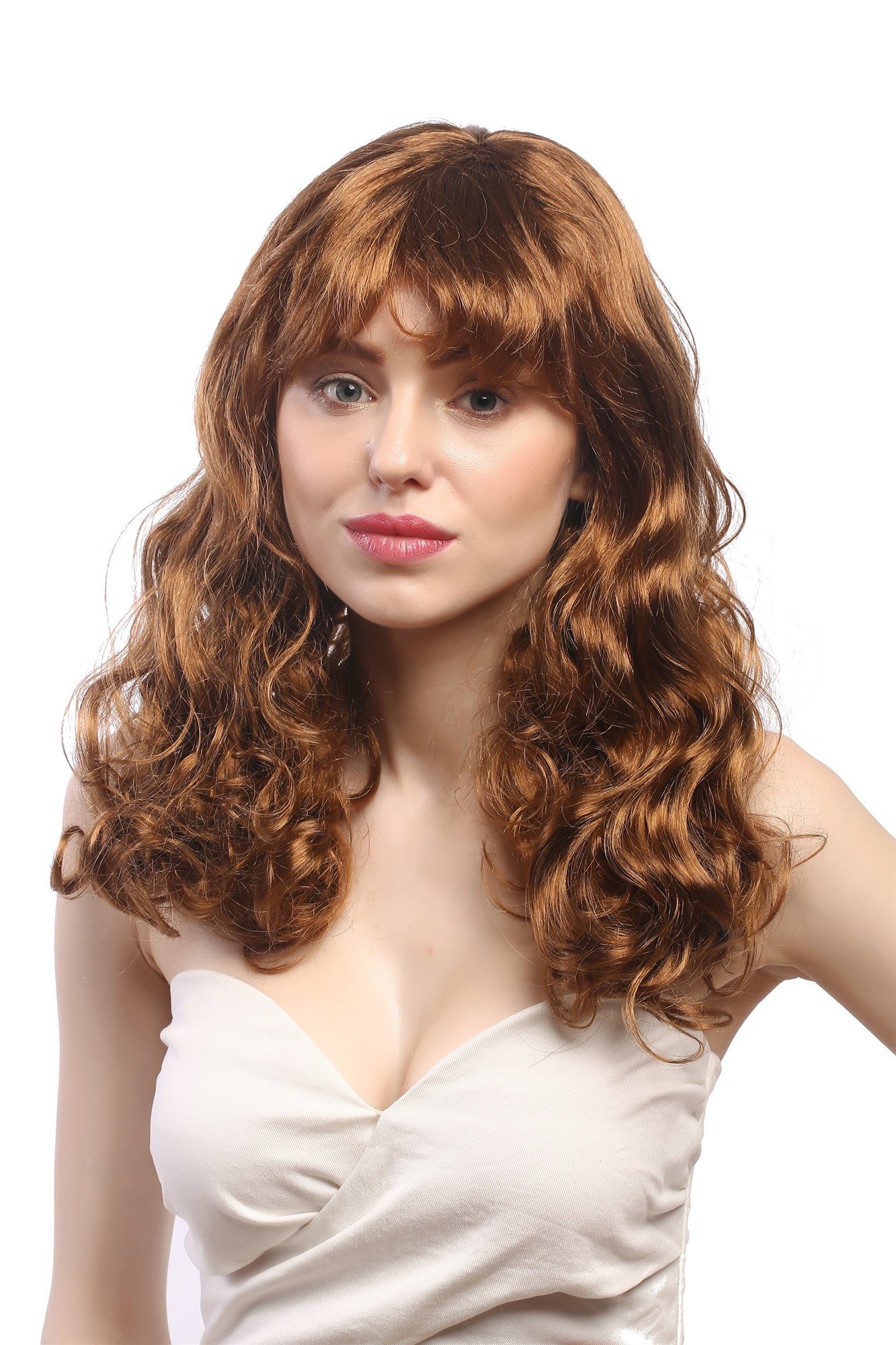 Lady Party Wig Halloween Fancy Dress Southern Belle light brown brunette long curls bangs 20", front view, WIG ME UP: Your Perücken Online Shop Party Wig, Ladies, Brown, wavy, long