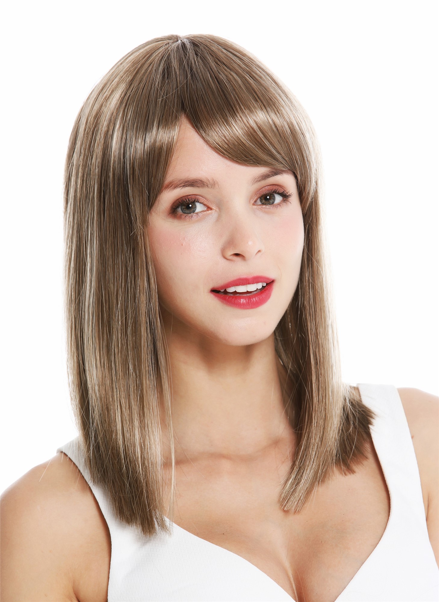 hochwertige Qualitätsperücken, Perücke schulterlang glatt braun blonde Highlights VK-5-14H24, Ansicht 2, WIG ME UP: Ihr Perücken Online Shop glatte Tressen-Perücke mit Kopfhaut-Imitat Braun-Blond-Mix schulterlange Haare für Damen