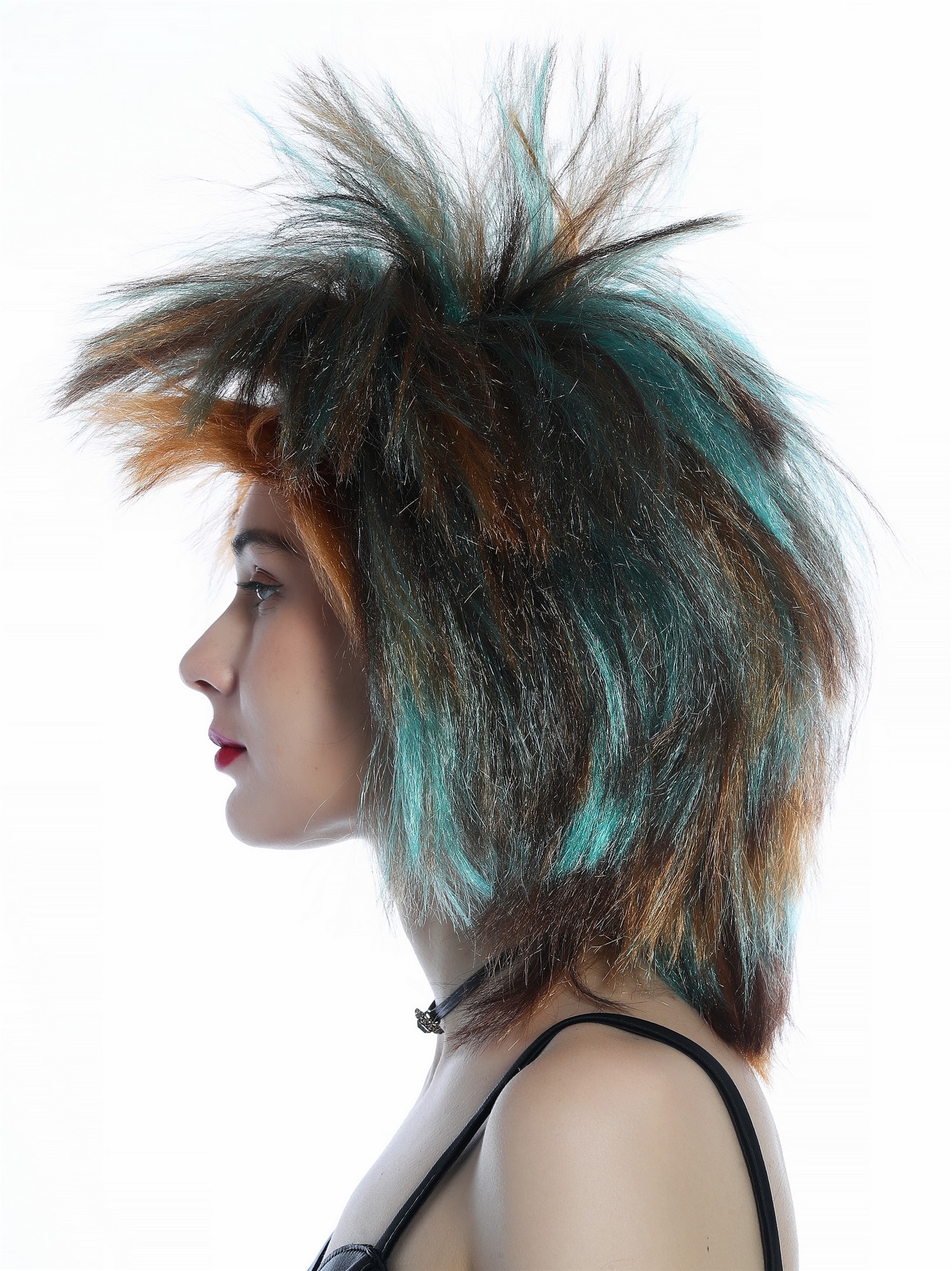 günstige Party Perücke, Perücke Punk Wave Braun bunte Strähnen hoch toupiert 80s 210165-FR36-4-98, Ansicht 4, WIG ME UP: Ihr Perücken Online Shop glatte Party Perücke Kupfer, Kastanie, Türkis bunt gesträhnt schulterlange Haare Unisex