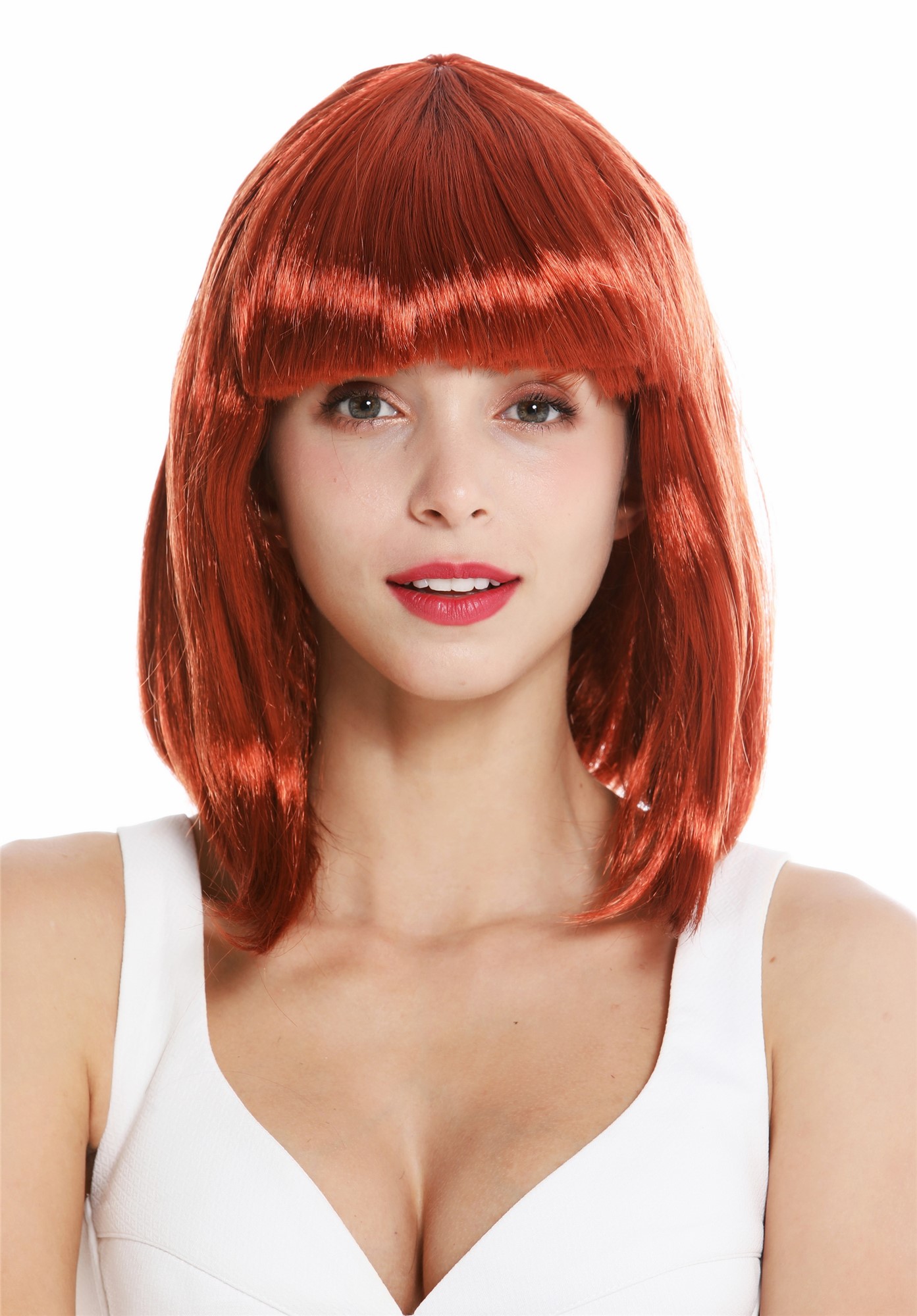 Lady Wig Halloween Disco bob longbob shoulder length bangs dark copper red 0073, front view, WIG ME UP: Your Perücken Online Shop Party Wig, Ladies, dark copper red, straight, short