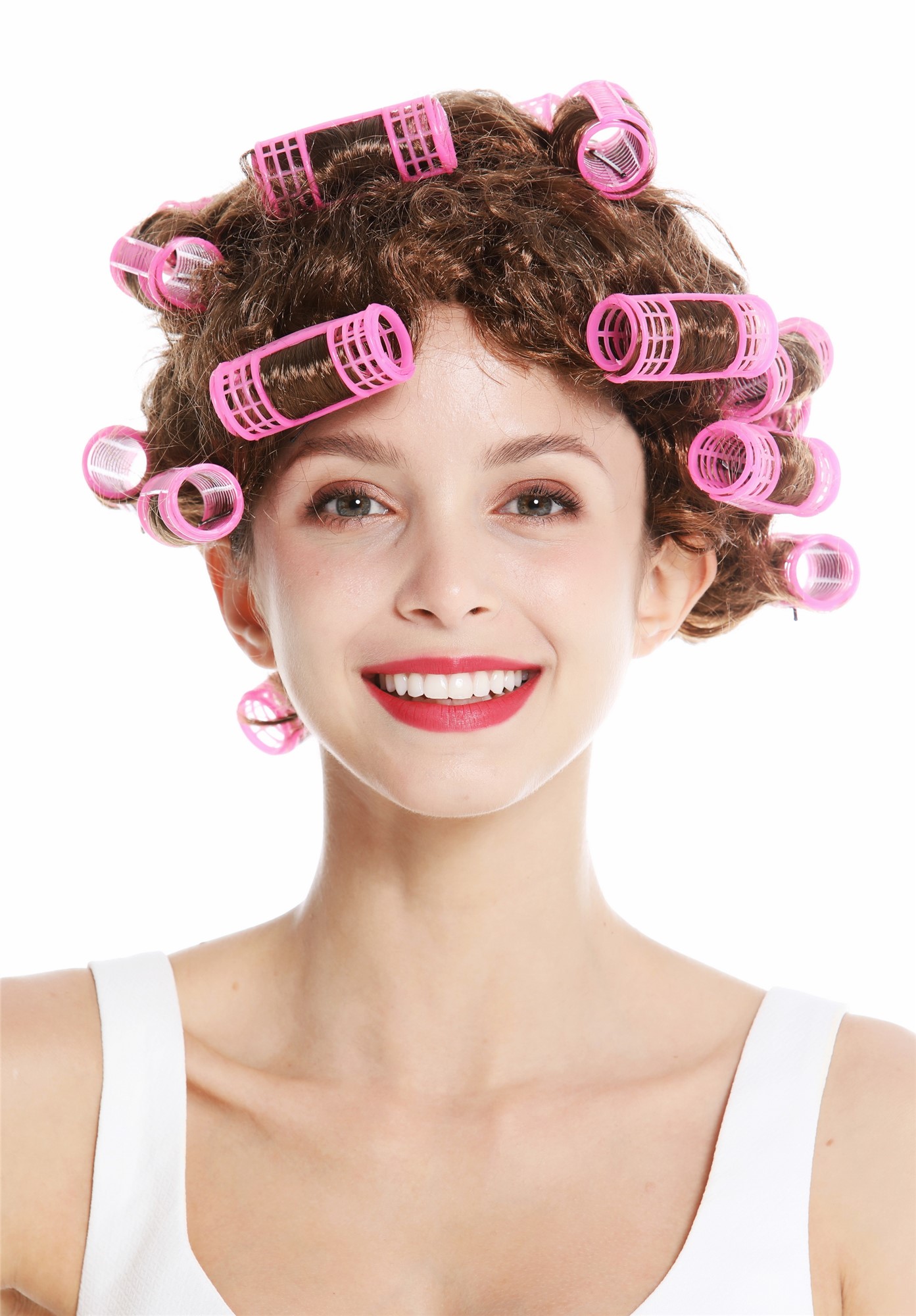 Women's party wig carnival Halloween housewife hair roller brown trashy 4204, view 3, WIG ME UP: Your Perücken Online Shop Party Wig, Ladies, golden brown, curled, short