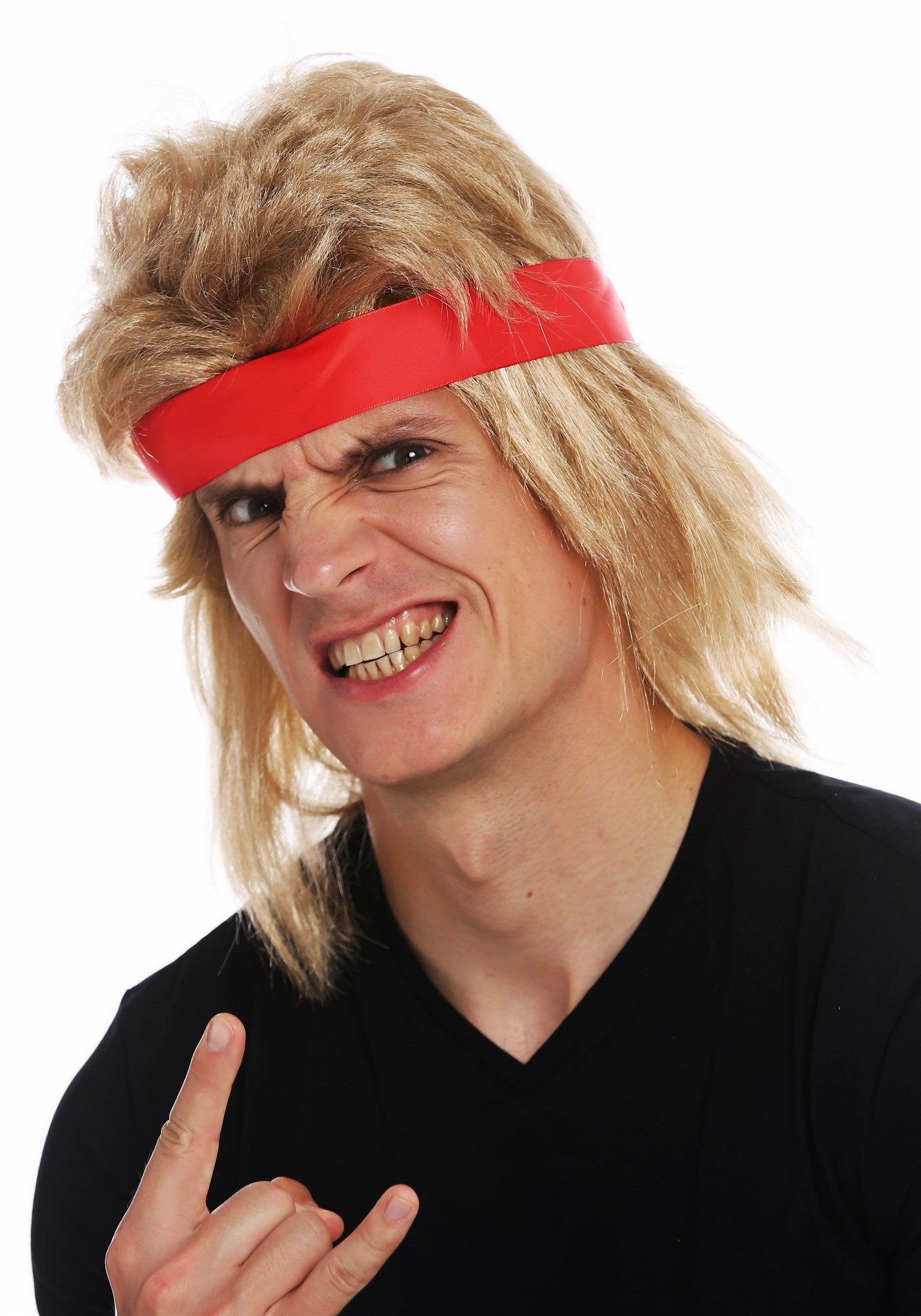 günstige Party Perücke, Perücke 80er Action-Star blond Stirnband Vokuhila SARL002-FR7-02, Vorderansicht, WIG ME UP: Ihr Perücken Online Shop glatte Party Perücke Hellblond kurze Haare für Herren