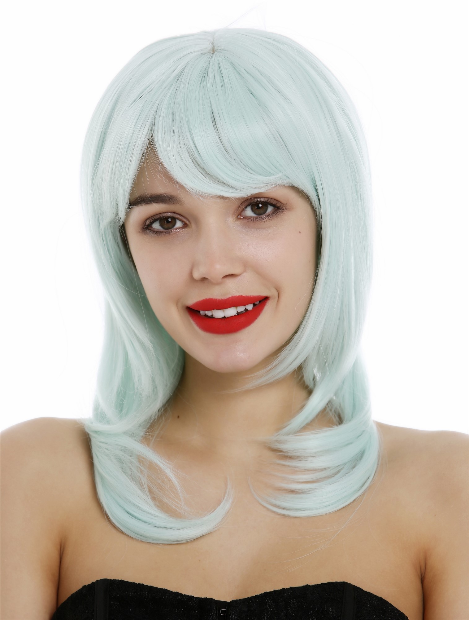 hochwertige Qualitätsperücken, Frauen Perücke schulterlang glatt gestufte Haare Grün Hellgrün 3003-T5507, Ansicht 4, WIG ME UP: Ihr Perücken Online Shop glatte Tressen-Perücke mit Kopfhaut-Imitat Hellgrün schulterlange Haare für Damen