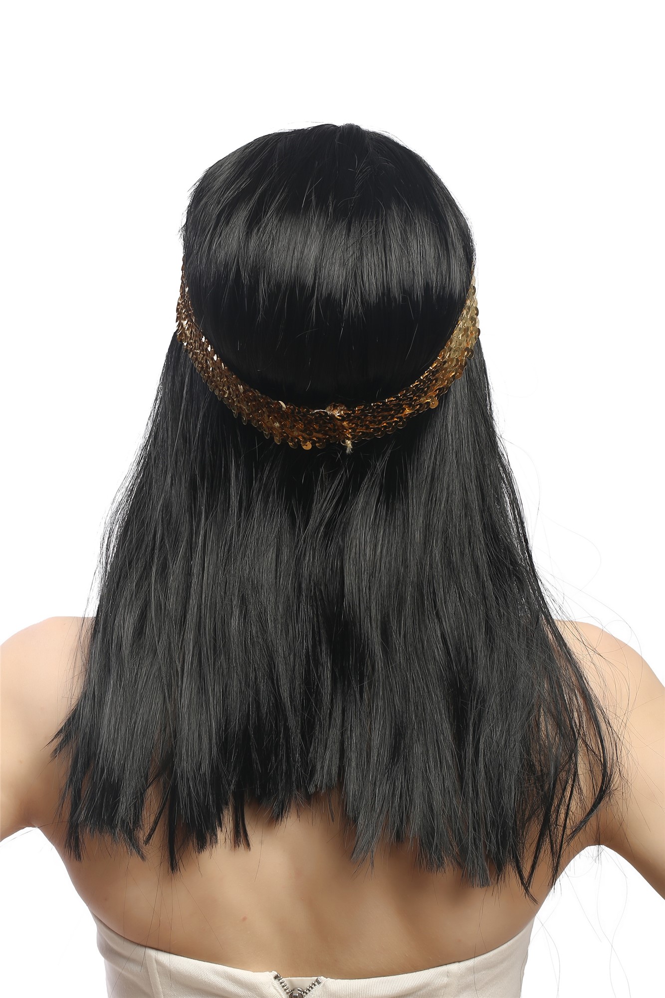 Lady Party Wig Fancy Dress long black straight bangs 70s Disco Cleopatra Odalisque golden headband, view 4, WIG ME UP: Your Perücken Online Shop Party Wig, Ladies, Black, straight, long