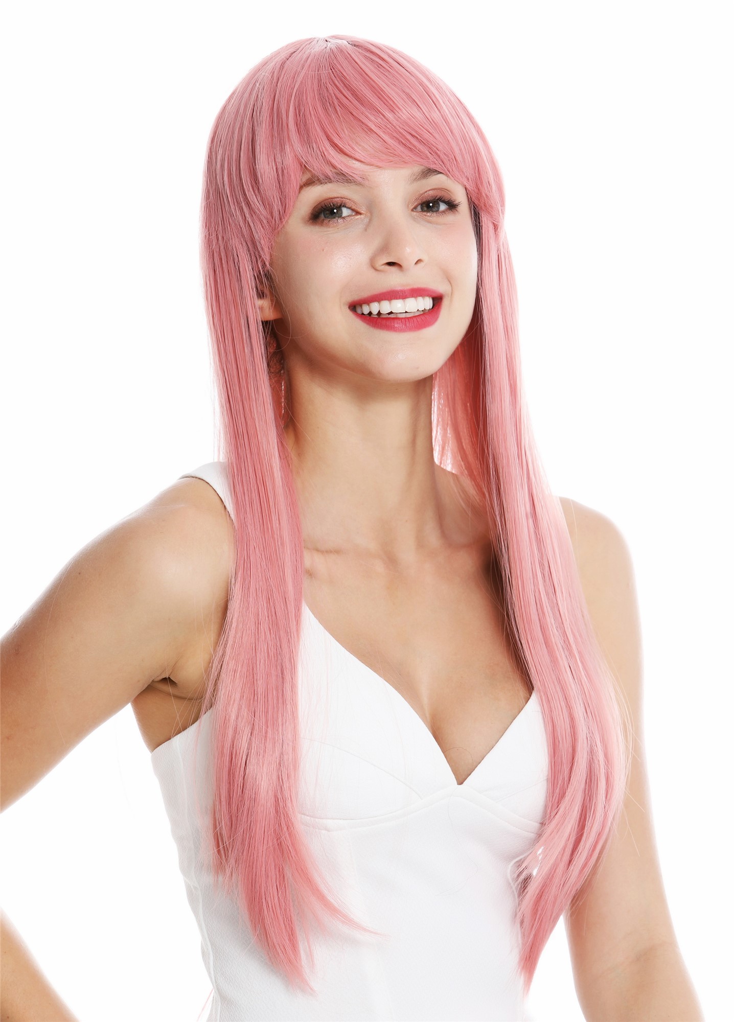 hochwertige Qualitätsperücken, Perücke Pony lang glatt Rosa YZF-41062-T2312, Ansicht 2, WIG ME UP: Ihr Perücken Online Shop glatte Tressen-Perücke mit Kopfhaut-Imitat Pastellrosa lange Haare für Damen