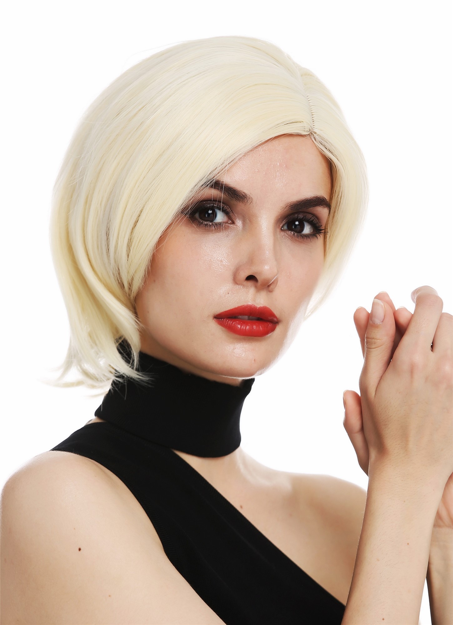 hochwertige Qualitätsperücken, Perücke kurz Bob Scheitel Hellblond TYS-404-613, Vorderansicht, WIG ME UP: Ihr Perücken Online Shop glatte Tressen-Perücke mit Kopfhaut-Imitat Platinblond kurze Haare für Damen