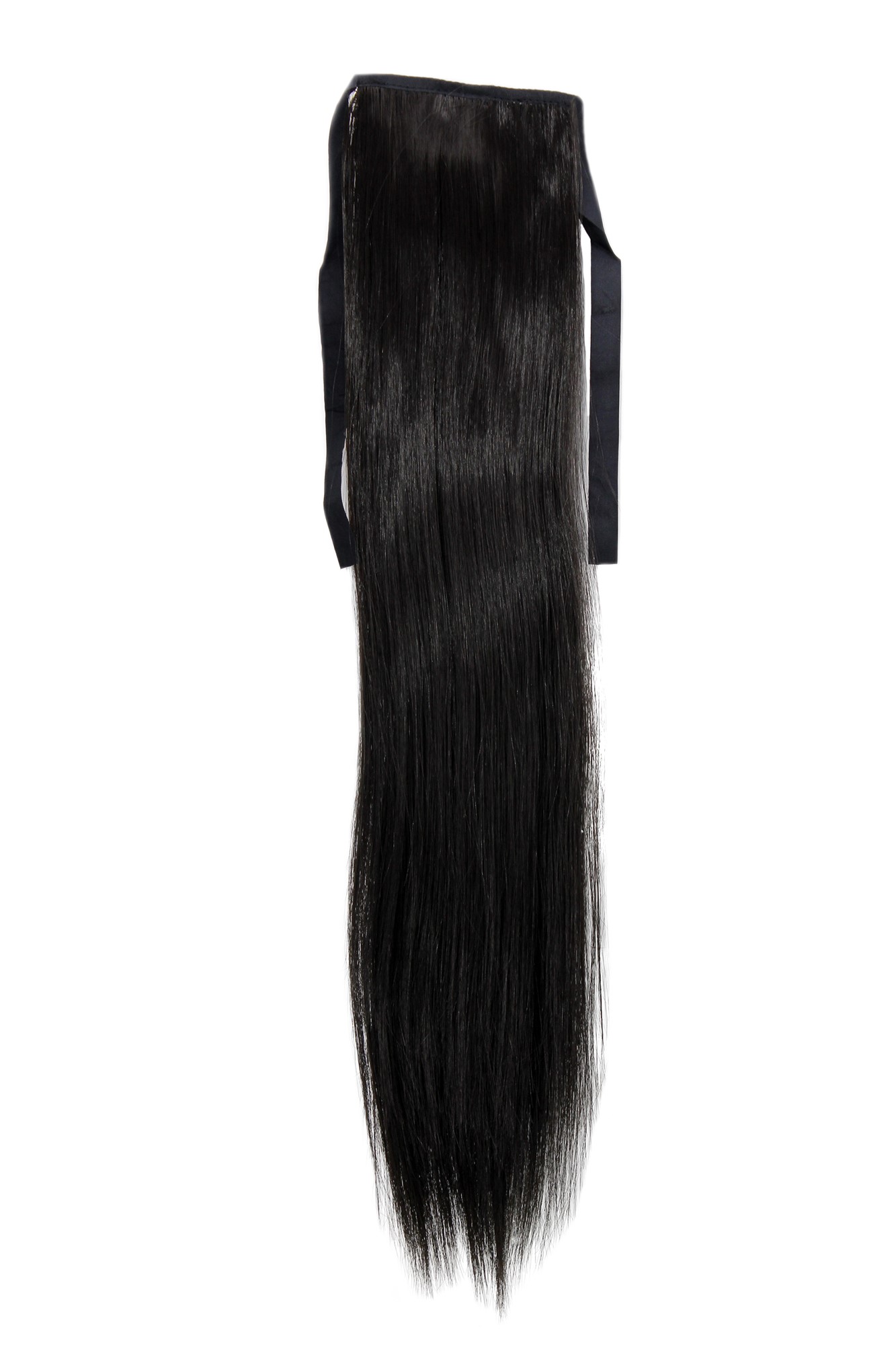 YZF-TS18-2 Hairpiece Pontail Pigtail extension slim light straight comb and ribbon medium black 18", front view, WIG ME UP: Your Perücken Online Shop Ponytails, black-brown, straight, shoulder-length