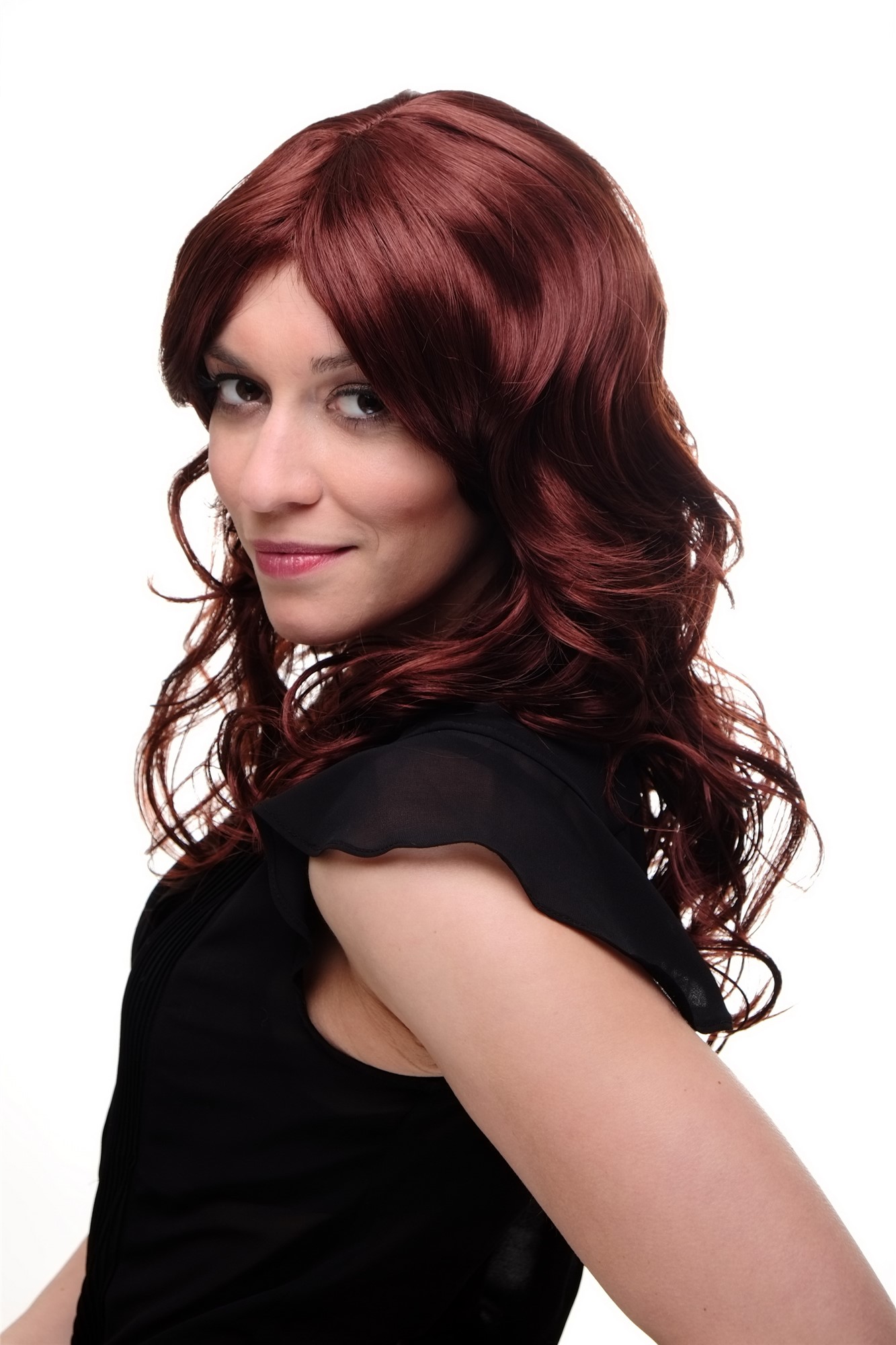 hochwertige Qualitätsperücken, Perücke wellig lockig Pony Scheitel Braun Rostbraun 9669-35, Ansicht 2, WIG ME UP: Ihr Perücken Online Shop wellige Tressen-Perücke mit Kopfhaut-Imitat Rostbraun lange Haare für Damen