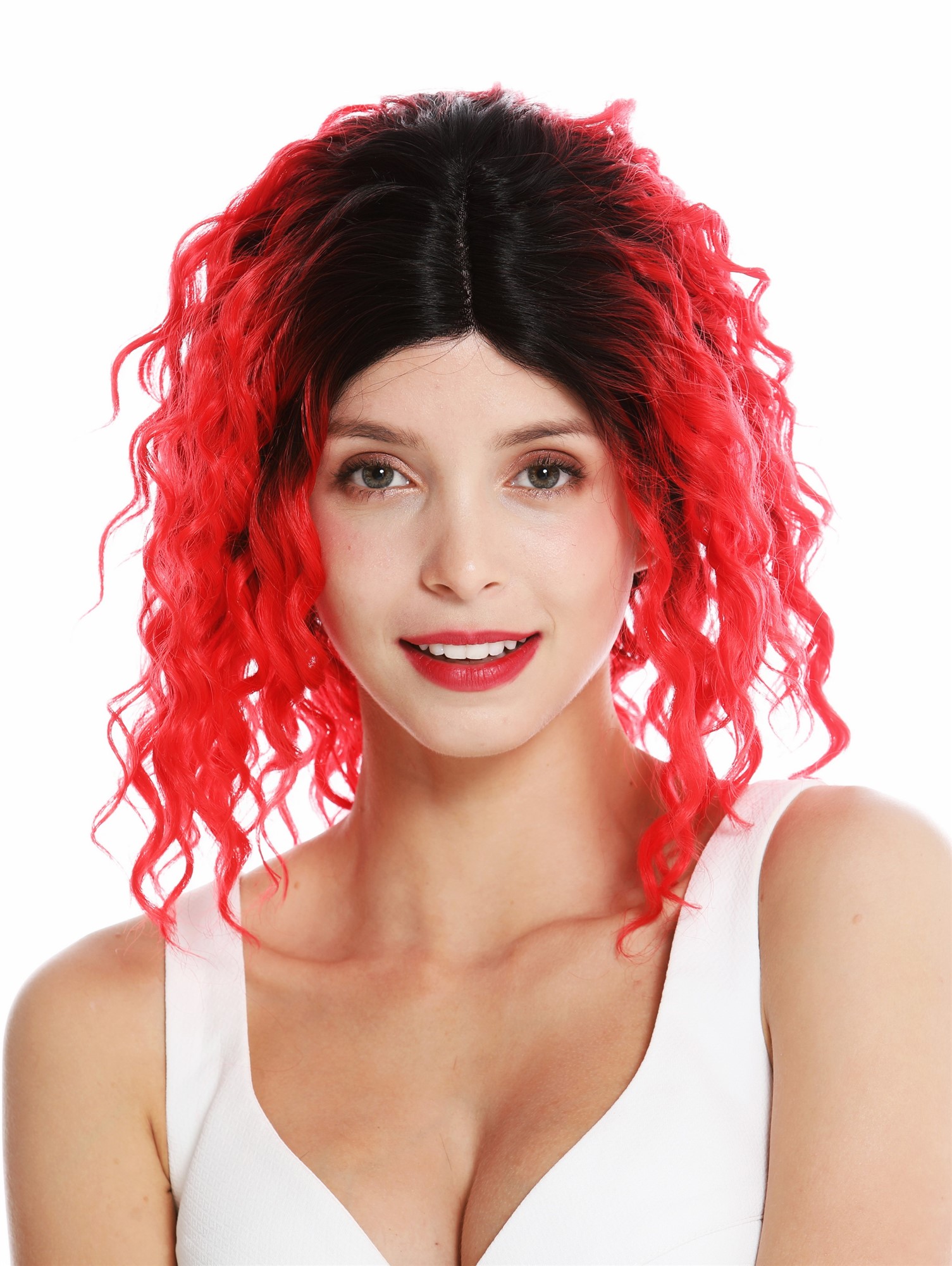 Monofilament lace front lady wig shoulder short curled ombre black red VK-15-MF, front view, WIG ME UP: Your Perücken Online Shop Quality Wigs, Ladies, red-black mix, curled, shoulder-length
