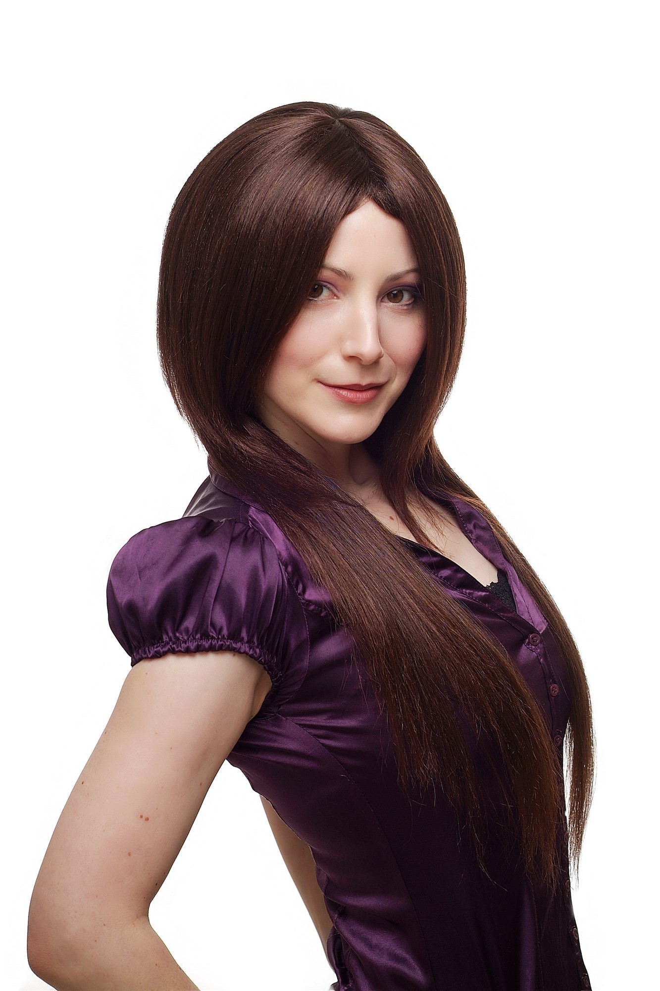 hochwertige Qualitätsperücken, Perücke lang glatt voluminös toupiert H9382-2T33, Vorderansicht, WIG ME UP: Ihr Perücken Online Shop glatte Tressen-Perücke mit Kopfhaut-Imitat Braun sehr lange Haare für Damen