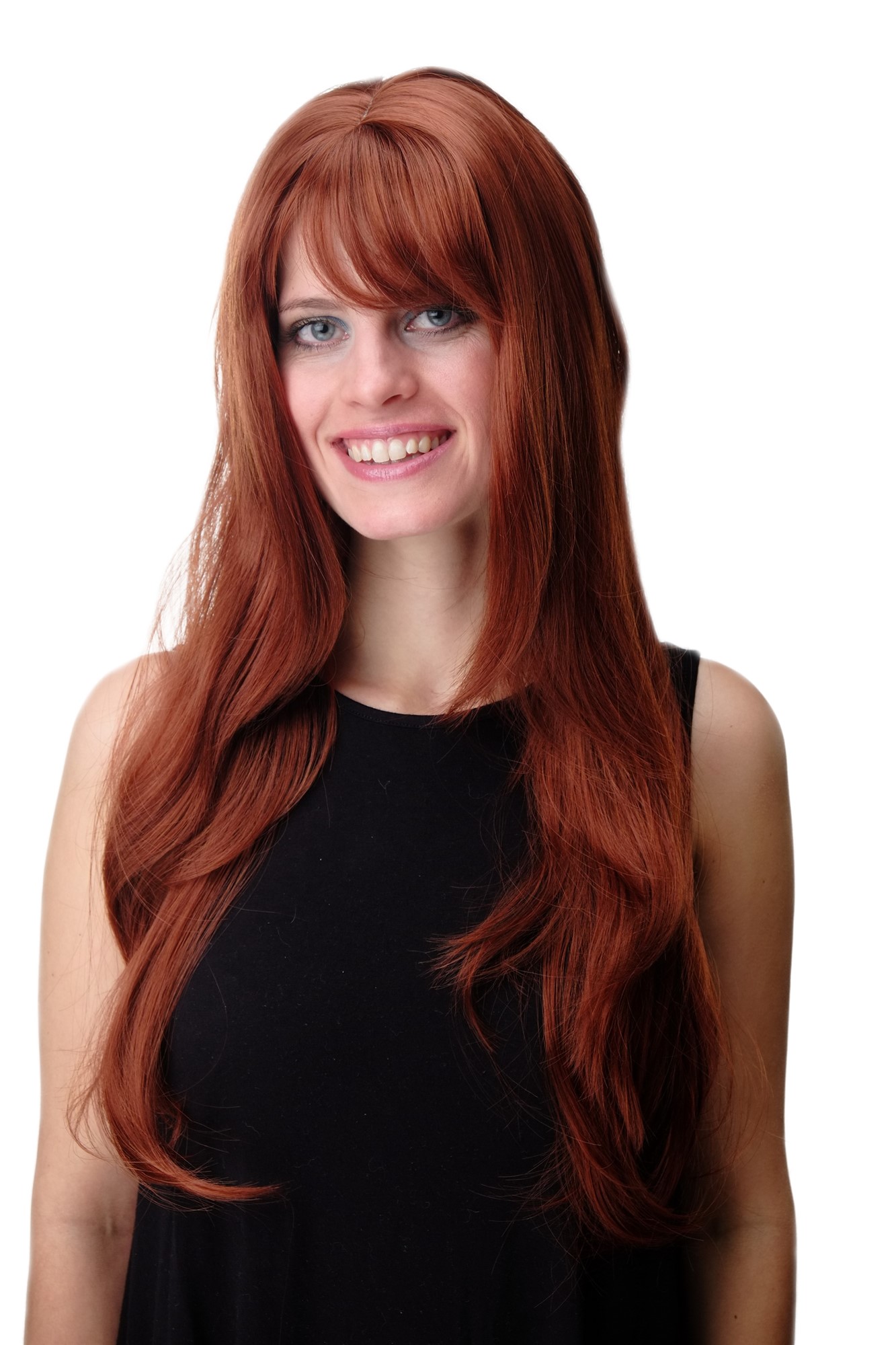 hochwertige Qualitätsperücken, Damen Perücke gestuft lang glatt Pony Rotbraun GFW09-130, Vorderansicht, WIG ME UP: Ihr Perücken Online Shop glatte Tressen-Perücke mit Kopfhaut-Imitat Rotbraun lange Haare für Damen