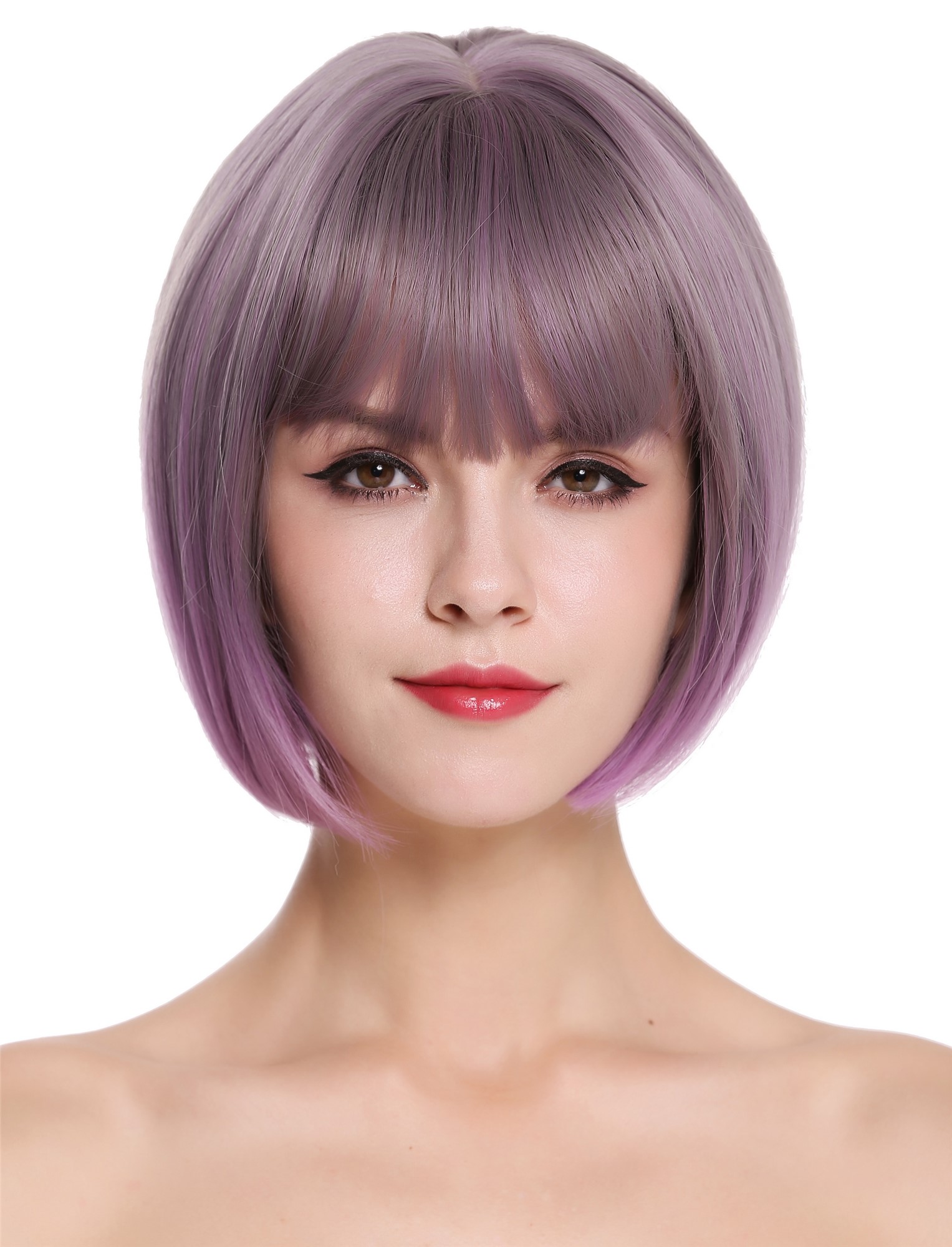 hochwertige Qualitätsperücken, Perücke kurz Bob Pony Grau Lila Violett H1808-10AT366, Vorderansicht, WIG ME UP: Ihr Perücken Online Shop glatte Tressen-Perücke mit Kopfhaut-Imitat Aschgrau-Indigoviolett-Mix kurze Haare für Damen