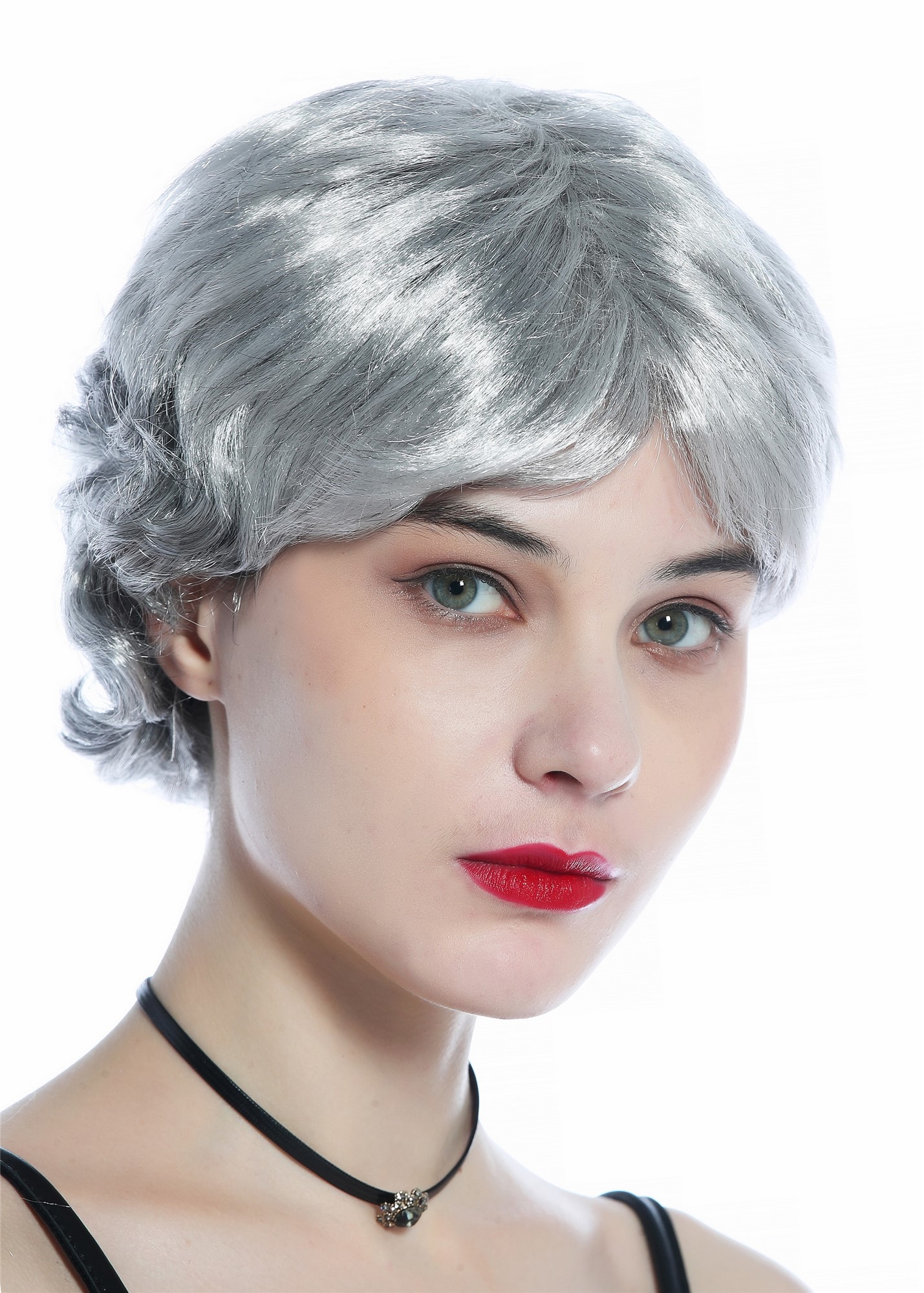 Wig Women Ladies short smooth curled in neck back grey old lady grandma 215221, front view, WIG ME UP: Your Perücken Online Shop Party Wig, Ladies, silver gray gradient gray, curled, short