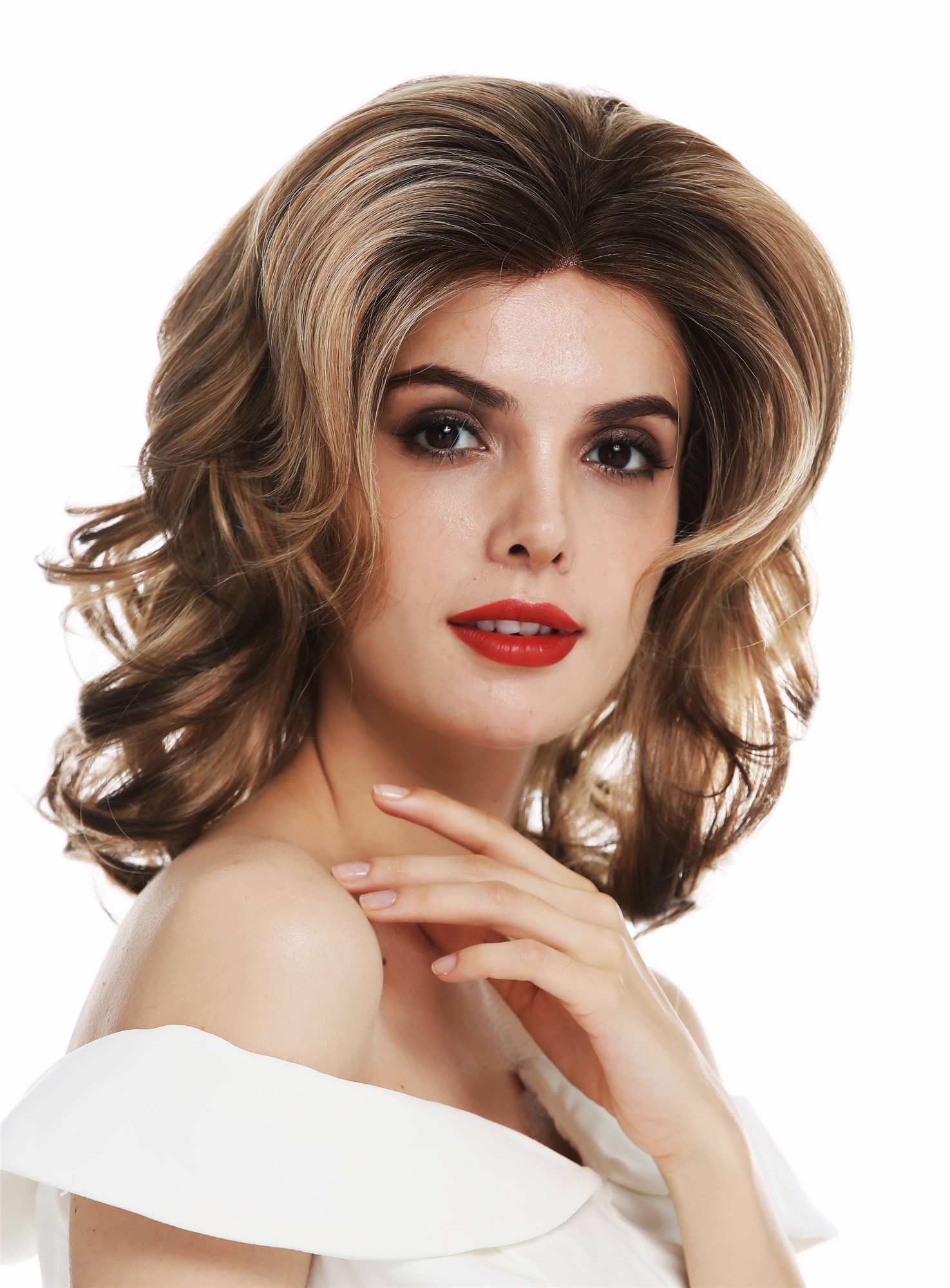 Lady wig lace front glamorous wavy 80's blonde platinum brown balayage DW2015-LF, front view, WIG ME UP: Your Perücken Online Shop Quality Wigs, Ladies, blonde-brown mix, wavy, shoulder-length