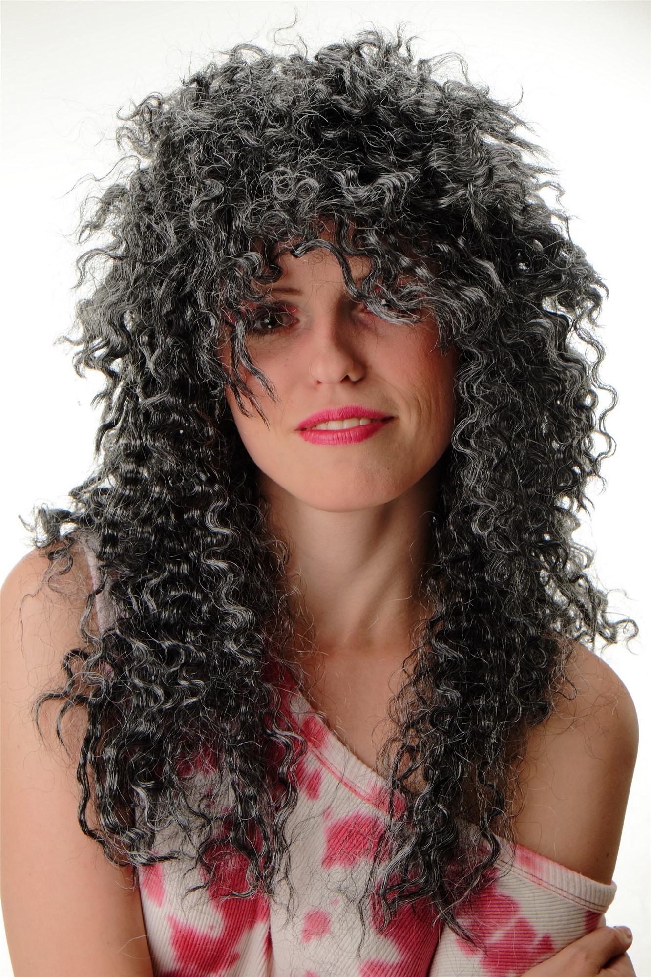 Wig Ladies Men Halloween Carnival curly wild long massive volume black with grey Hardrock Metal, view 6, WIG ME UP: Your Perücken Online Shop Party Wig, Unisex, pitch black-silver gray mix, curled, long