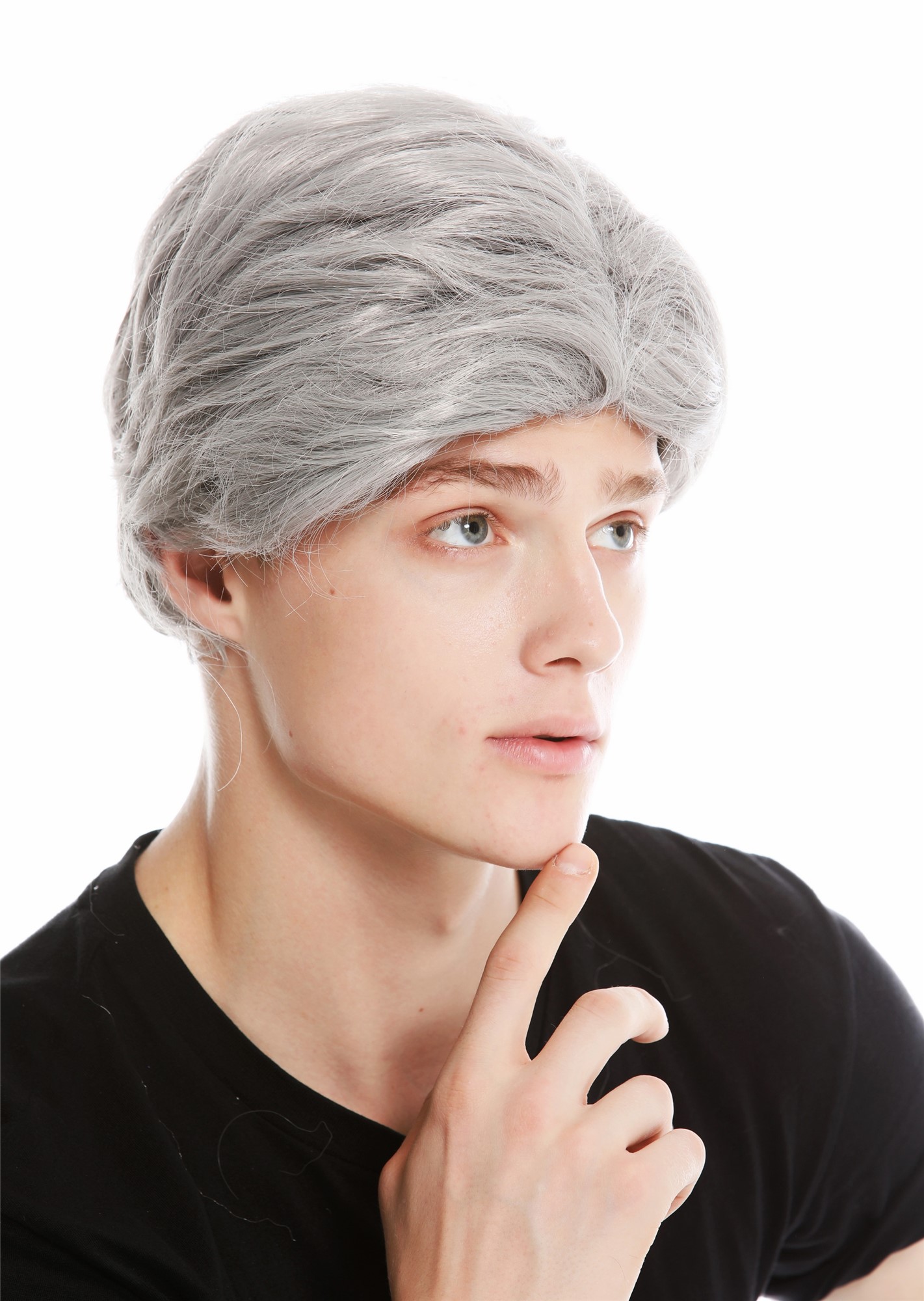Party wig men short parting carnival old grandfather grey silvery grey PW0174, front view, WIG ME UP: Your Perücken Online Shop Party Wig, Men, light gray, wavy, shoulder-length