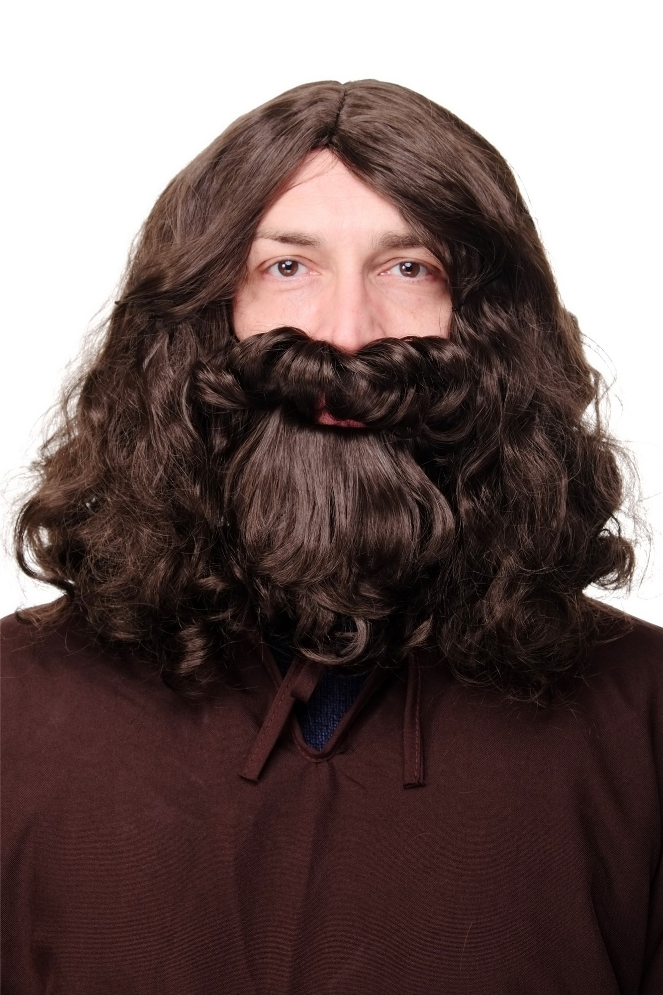 günstige Party Perücke, Perücke + Vollbart Jesus Guru Hipster Braun Modell: WIG005, Ansicht 2, WIG ME UP: Ihr Perücken Online Shop wellige Party Perücke Braun schulterlange Haare für Herren