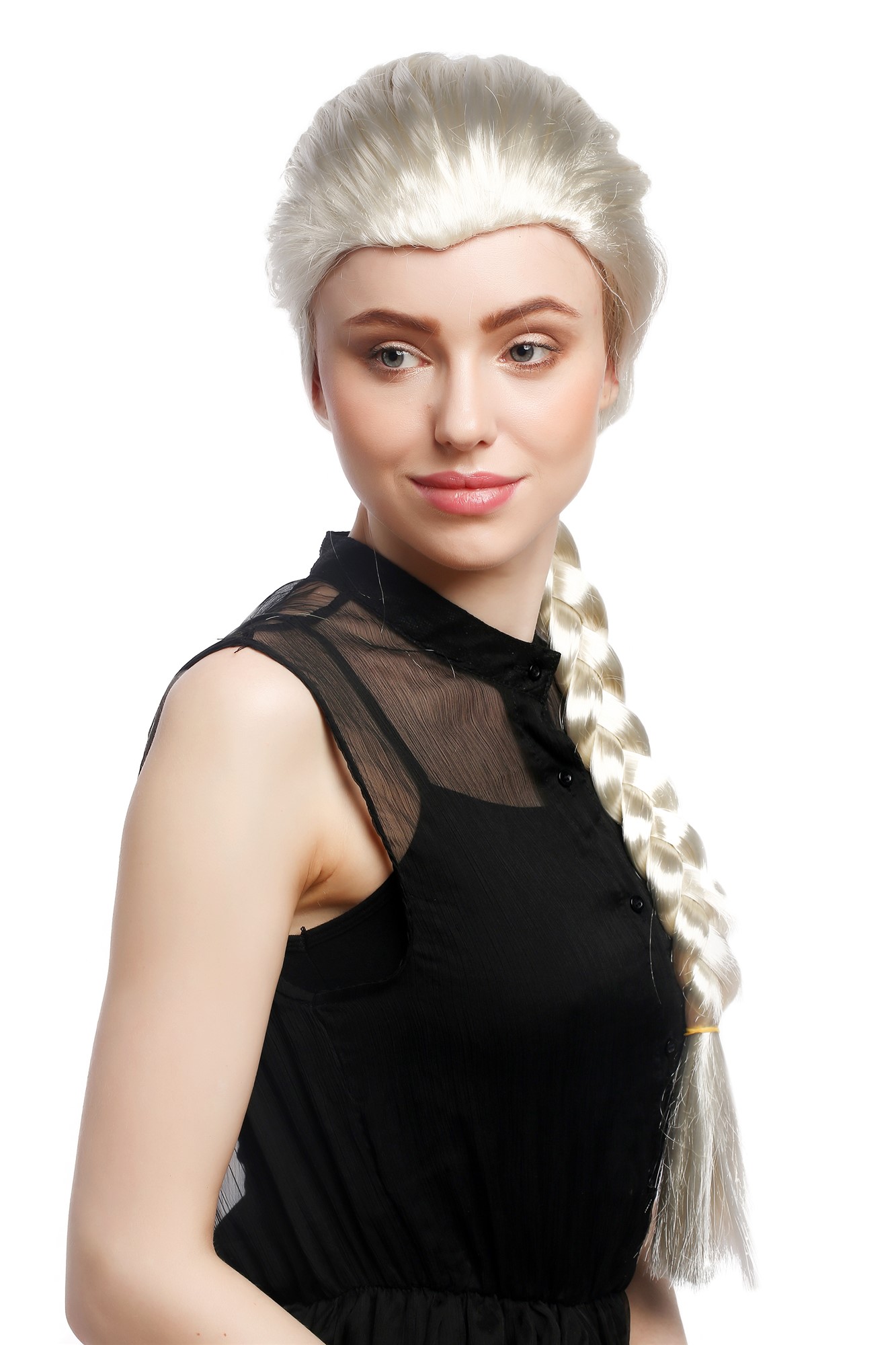 Lady Party Wig Halloween platinum blond back-combed long hair braided long plait ponytail Princess, front view, WIG ME UP: Your Perücken Online Shop Party Wig, Ladies, Blonde, Braided, long
