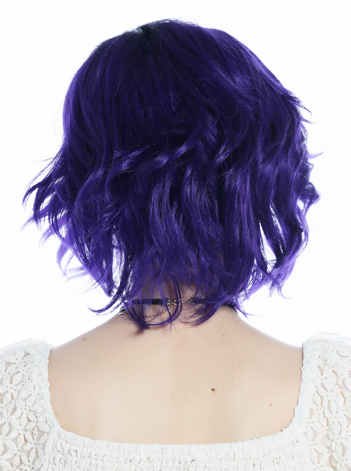 hochwertige Qualitätsperücken, Perücke kurz wild gewellt gescheitelt Scheitel Ombre Schwarz Lila DW3334-DEEPVIOLETS1B, Ansicht 6, WIG ME UP: Ihr Perücken Online Shop wellige Tressen-Perücke mit Kopfhaut-Imitat Schwarz-Lila-Verlauf schulterlange Haare für Damen