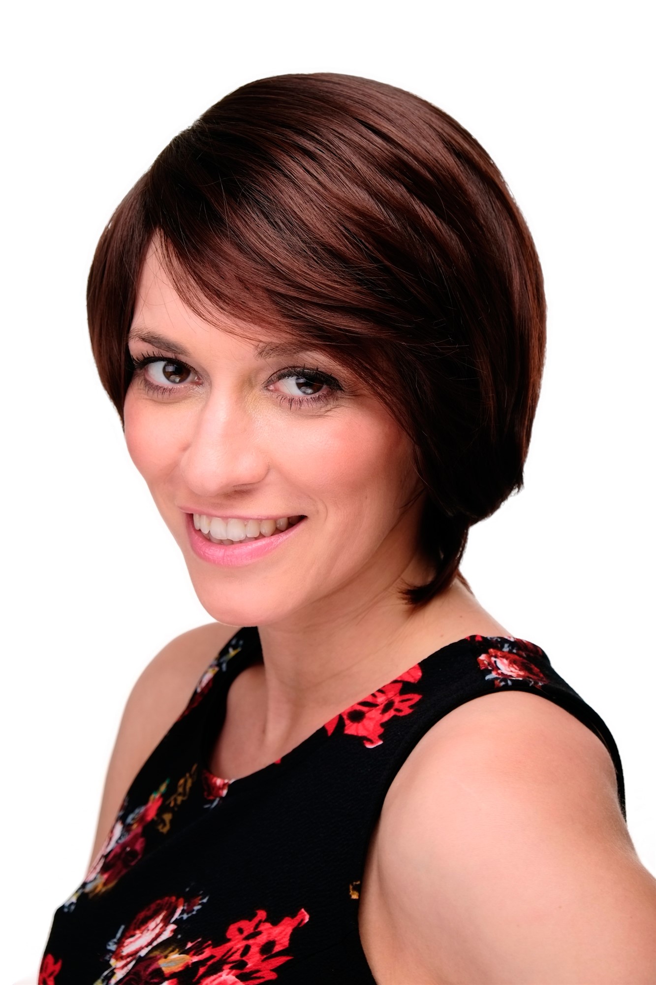 Lady women wig short long bob page long fringe parted to side mahogany mix 6082, front view, WIG ME UP: Your Perücken Online Shop Quality Wigs, Ladies, black-brown-mahogany brown mix, straight, short