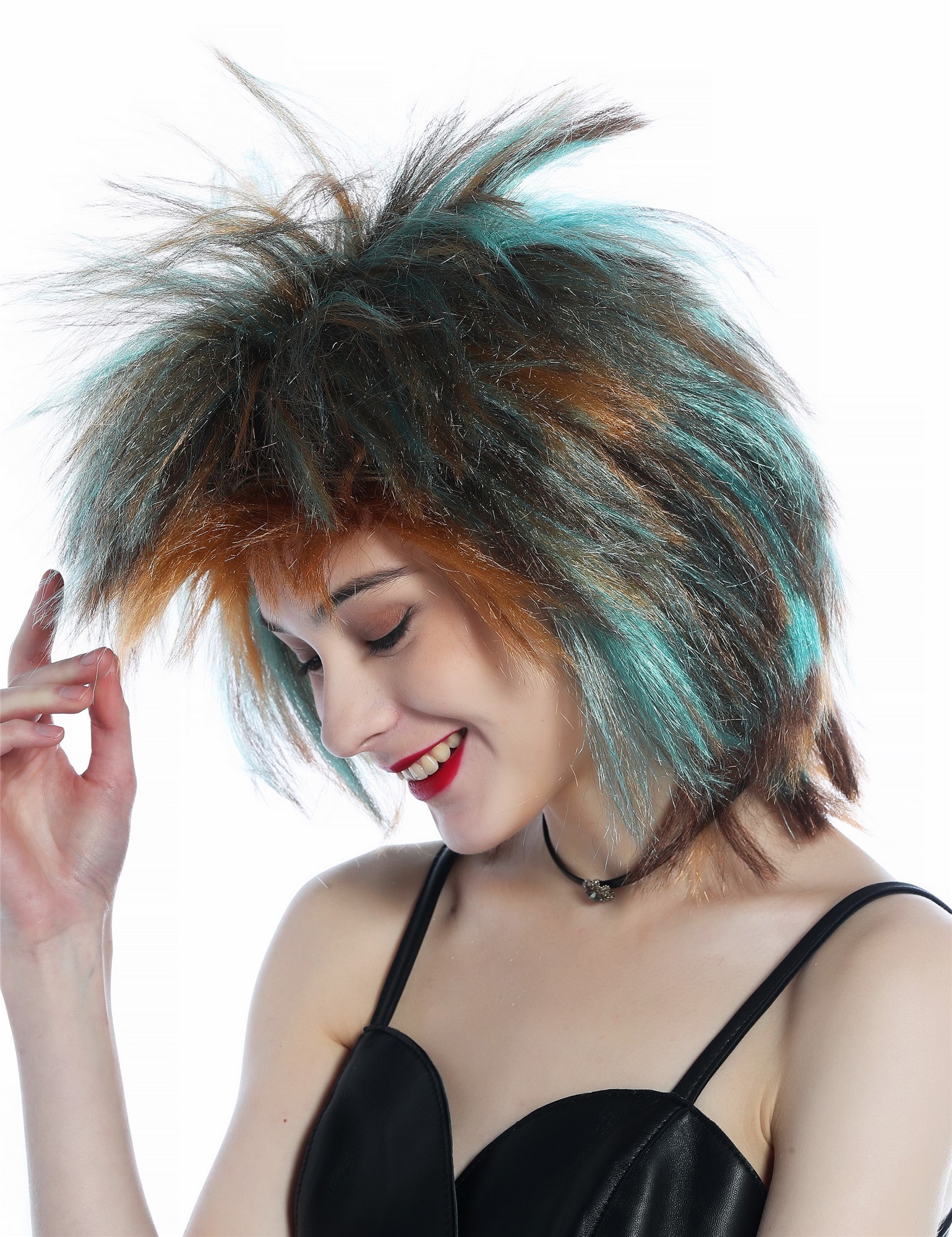 günstige Party Perücke, Perücke Punk Wave Braun bunte Strähnen hoch toupiert 80s 210165-FR36-4-98, Ansicht 3, WIG ME UP: Ihr Perücken Online Shop glatte Party Perücke Kupfer, Kastanie, Türkis bunt gesträhnt schulterlange Haare Unisex